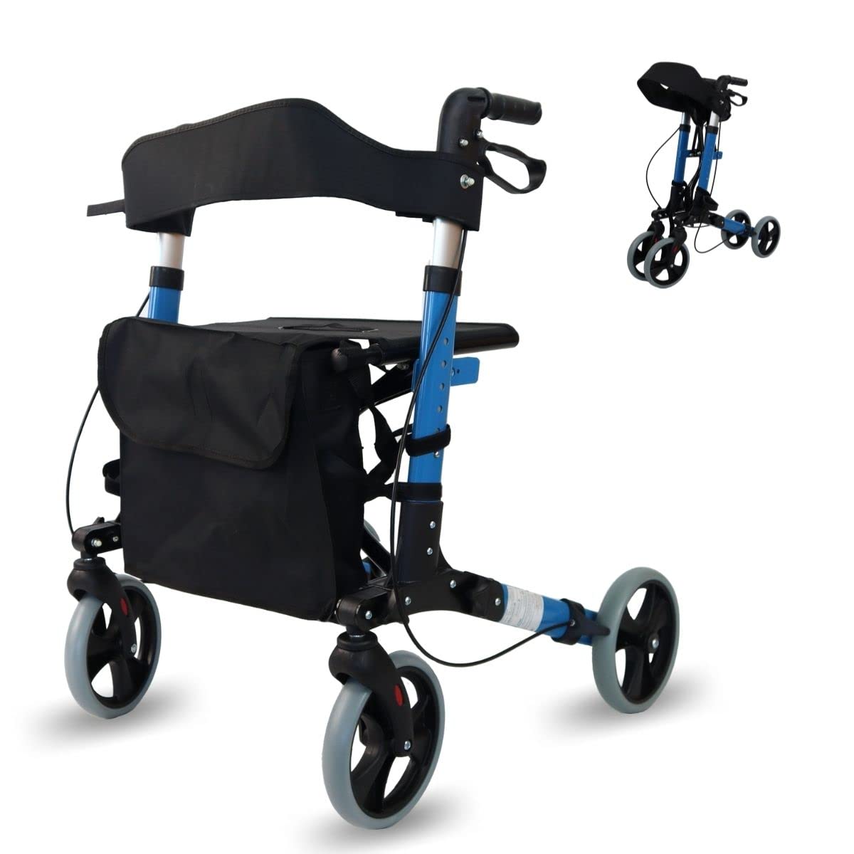 Mobiclinic®, Andador Plegable, Ligero, con Asiento y Respaldo, Rollator, Trajano, 4 Ruedas, Con Freno, Bolsa de Almacenamiento, Aluminio, Celeste