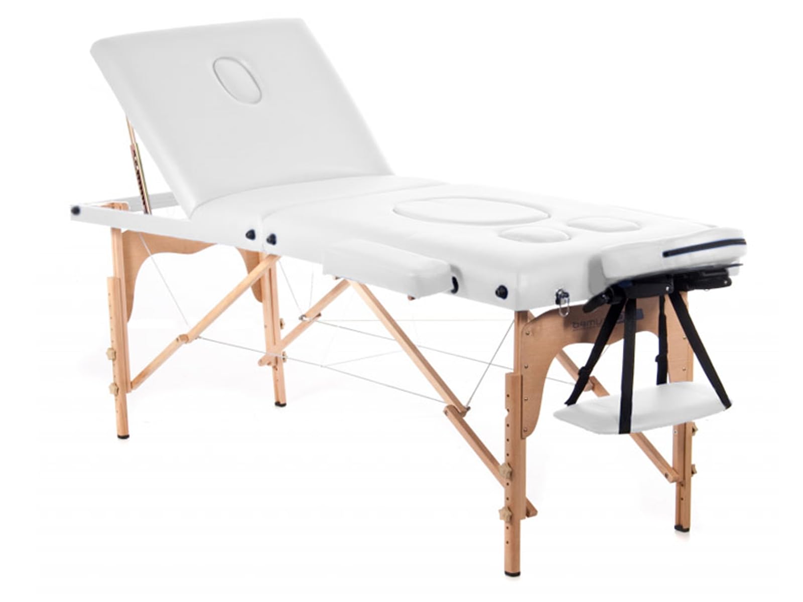 QUIRUMED Camilla de Masaje para Embarazadas, Plegable, 194 x 70 cm, Color Blanco, Madera, Polipiel, Agujero para Barriga, Agujero Facial, Cabezal extraíble, hasta 150 kg
