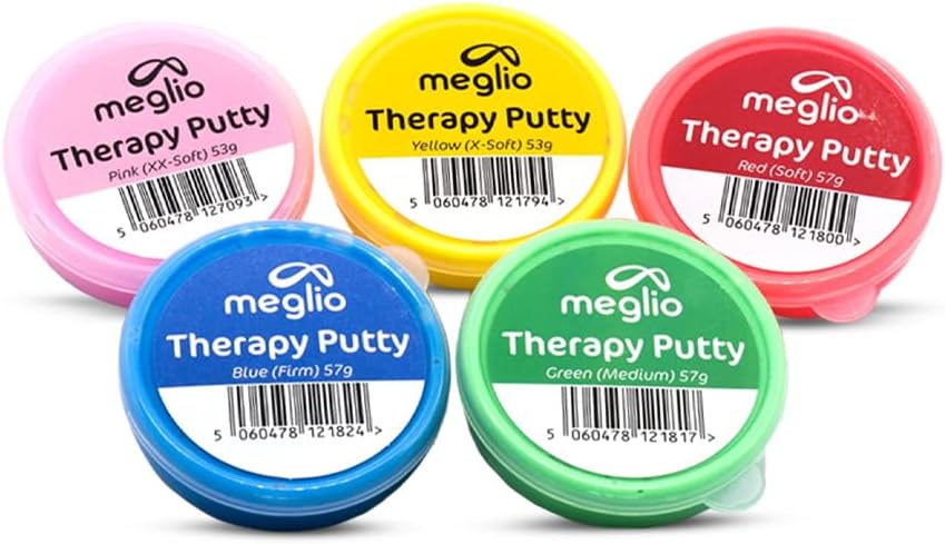 Masilla Terapéutica para Manos Meglio 53g - para Ejercicios de Manos focalizados en la Rehabilitación y Recuperación de la Mano, Fortalecimiento Muscular (Pack de 5)