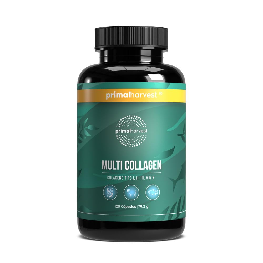 Primal Harvest ® Multicolágeno, 120 cápsulas de colágeno de alta dosis, complejo de colágeno premium, certificado GMP y fabricado en Alemania y sin soja