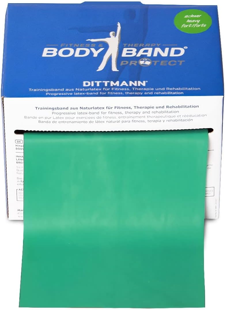 Dittmann? BodyBand Green Strong incl. folleto de ejercicio FTM?, banda de fitness cortada del rollo en la longitud deseada para entrenamiento de fuerza, fisioterapia y estudios de fitness. 25 metros