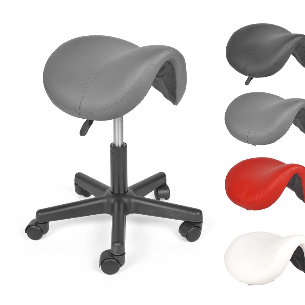 Taburete de Sillín Ergonómico con Ruedas Taburete de Trabajo Ajustable en Altura Silla de Montar Giratorio 360° para Estudio Oficina, Gris