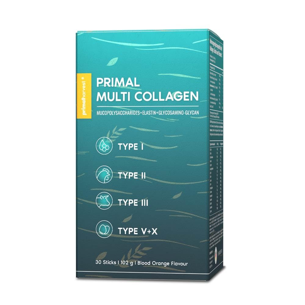 Primal Harvest - Palillos multicolágeno para bebidas con péptido de colágeno con los tipos I, II, III, IV y X, en prácticos paquetes de suplementos alimenticios, sabor: naranja sangre, 30 porciones