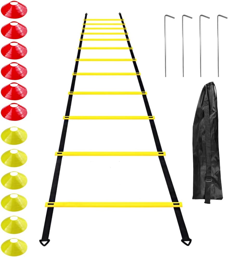 Gvolatee Accesorios de Entrenamiento de fútbol Escalera de coordinación Escalera de Entrenamiento, escaleras de coordinación con 12 Conos 4 Postes Juego de Entrenamiento de fútbol