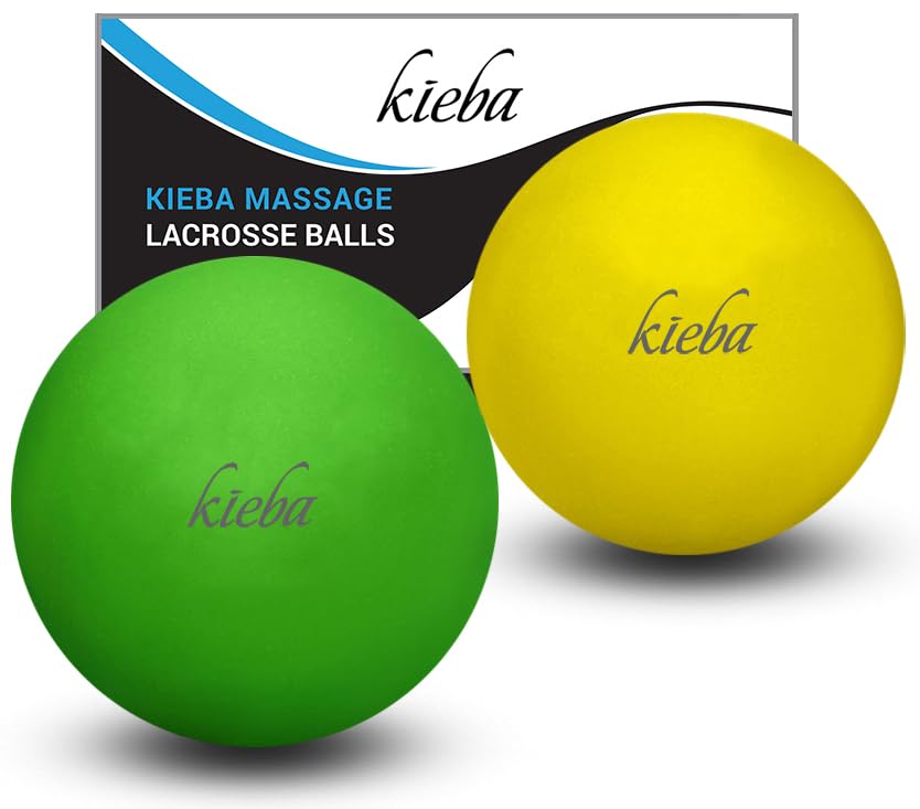 Kieba - Bola de lacrosse para masaje de liberación miofascial, terapia de puntos de gatillo, contracturas musculares y yoga Juego de 2 bolas firmes., Verde y Amarillo