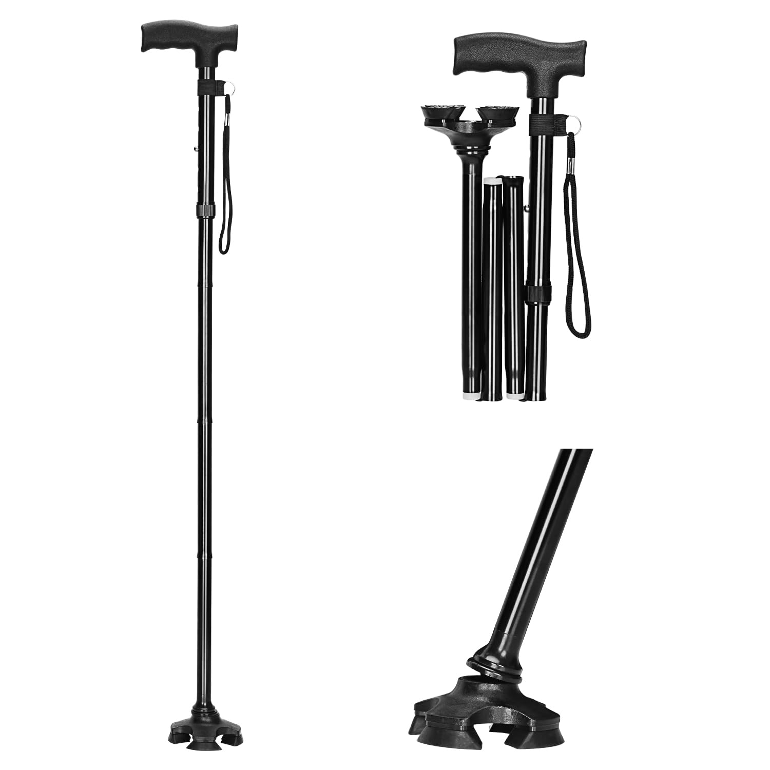 supregear Bastón Plegable, Bastones para Mayores, Baston Ajustable de 5 Niveles con Base Pivotante, Bastones Fiable para Caminar Antideslizante con Empuñadura en T y Correa Antipérdida