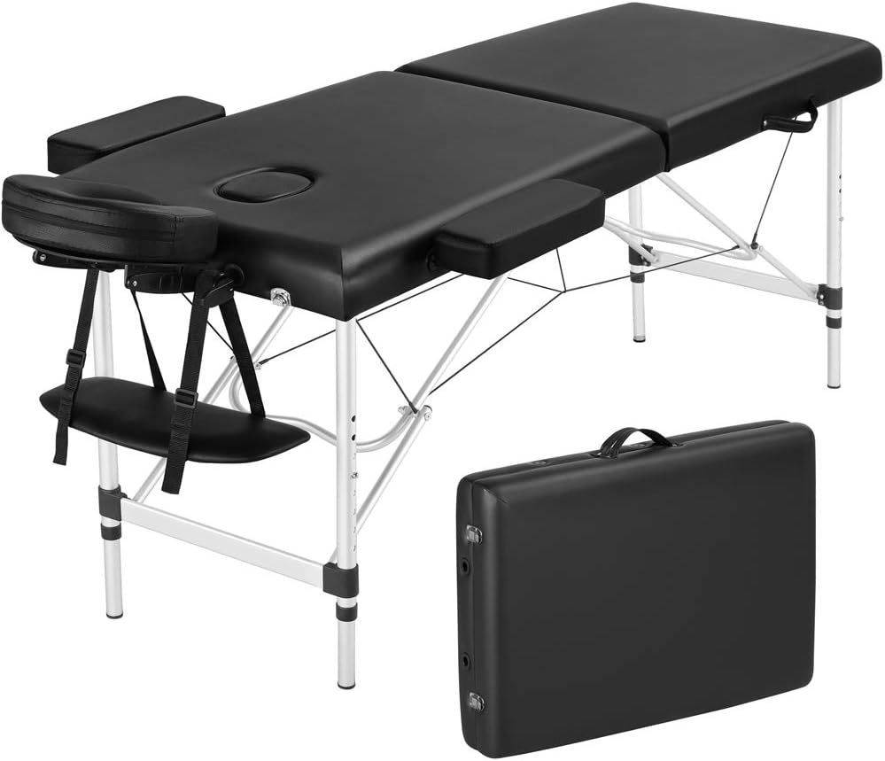 Yaheetech Camilla Masaje Plegable Portátil Profesional de 2 Zonas Capacidad 250 kg con Bolsa para Fisioterapia Reposacabezas Ajustable Altura y Reposabrazos Extraíbles 213 x 80 cm/Negro