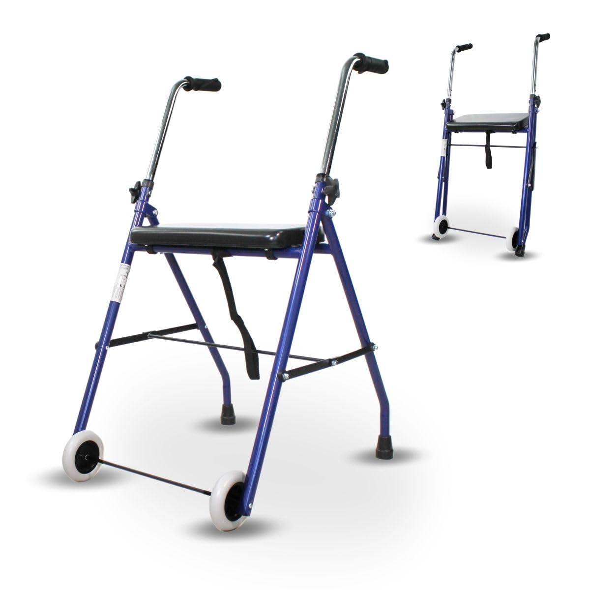 Mobiclinic®, Andador Plegable, Ajustable, Resistente, Emérita, Acero, Empuñaduras Ergonómicas, Ligero, con Asiento y 2 Ruedas, Azul