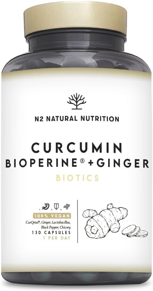 Cúrcuma Patentada con Jengibre y Pimienta Negra (CurQreal®) +4 meses, 10000mg de Curcumina + Probióticos + Bioperina®. Antiinflamatorio Natural. Formula Patentada. 130 Capsulas. N2 Natural Nutrition