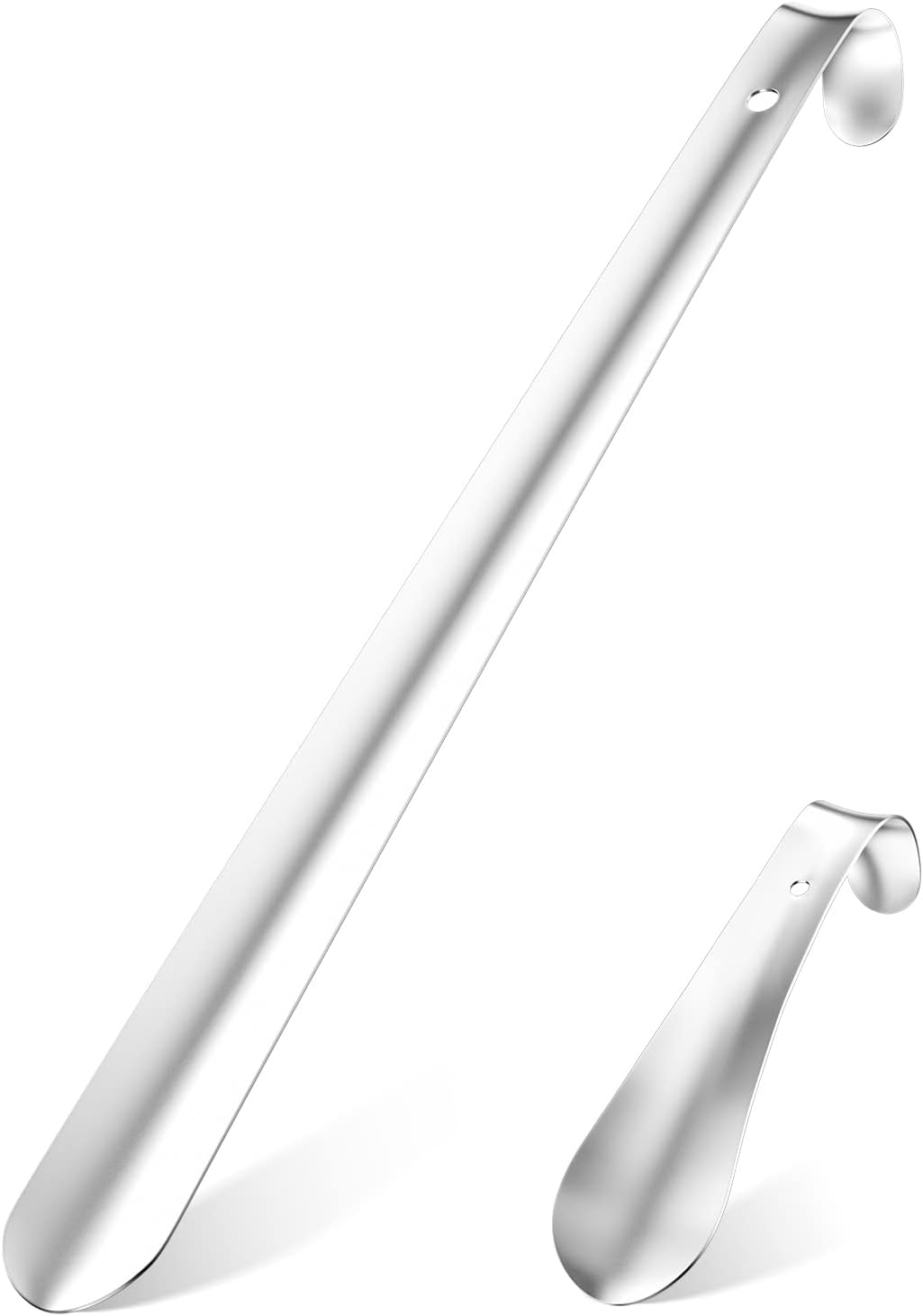Relota 2 piezas Calzador de Acero Inoxidable (16cm/42cm), Calzadores de Zapatos Largo Diseño Curvo con Orificios para Colgar, Calzador Metal Shoehorn para Hombres, Mujeres, Niños y Personas Mayores
