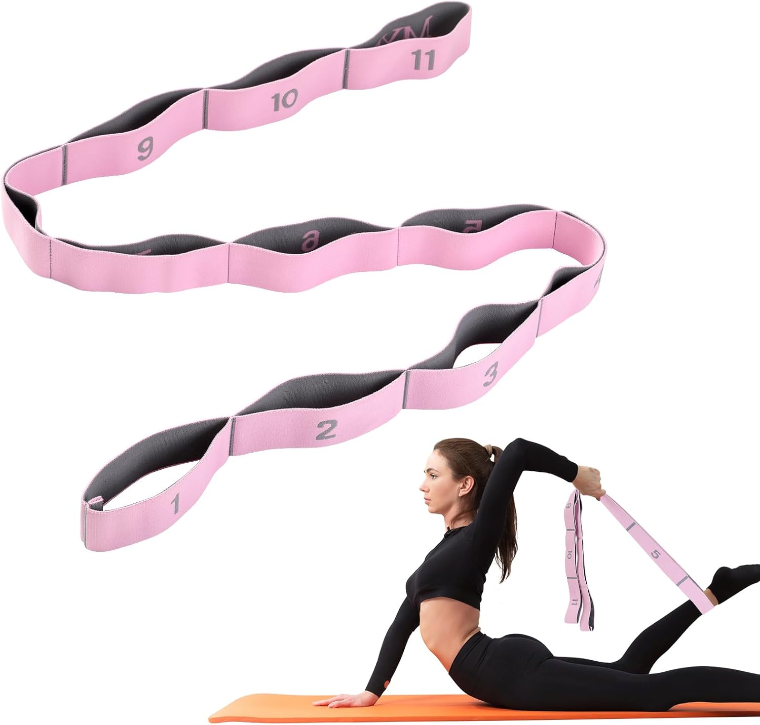 AiQInu Banda de Estiramiento de Yoga, Ajustable Stretch Bandas con 11 Anillos, Bandas Elasticas Fitness para Pilates, Yoga, Latino, Gimnasia