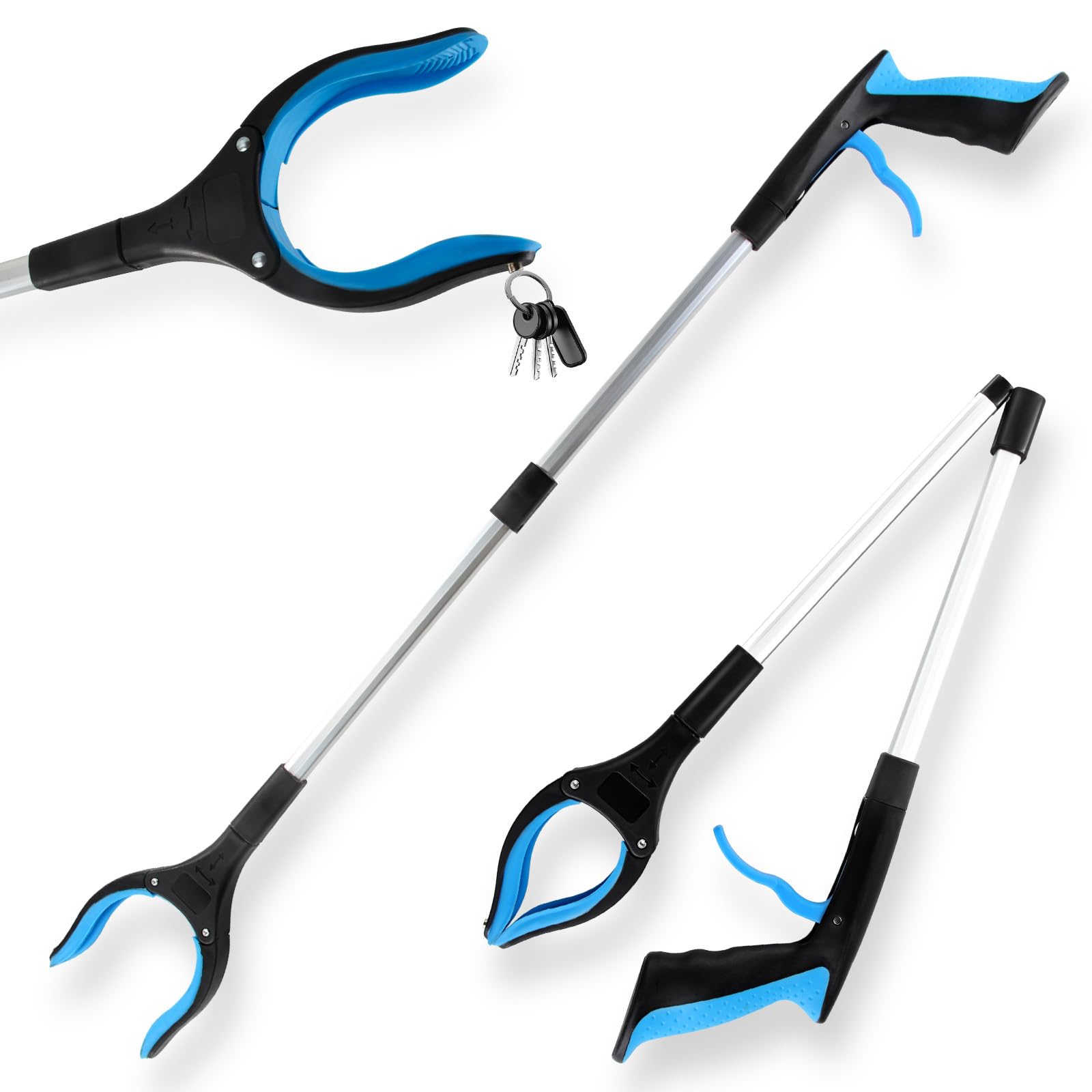 Pinzas Extensibles con Alcance de 82cm - Herramienta Plegable Ergonómica con Imán y Cabeza Giratoria 360° para Personas Mayores, Limpieza del Hogar y Recolección de Residuos (Azul)