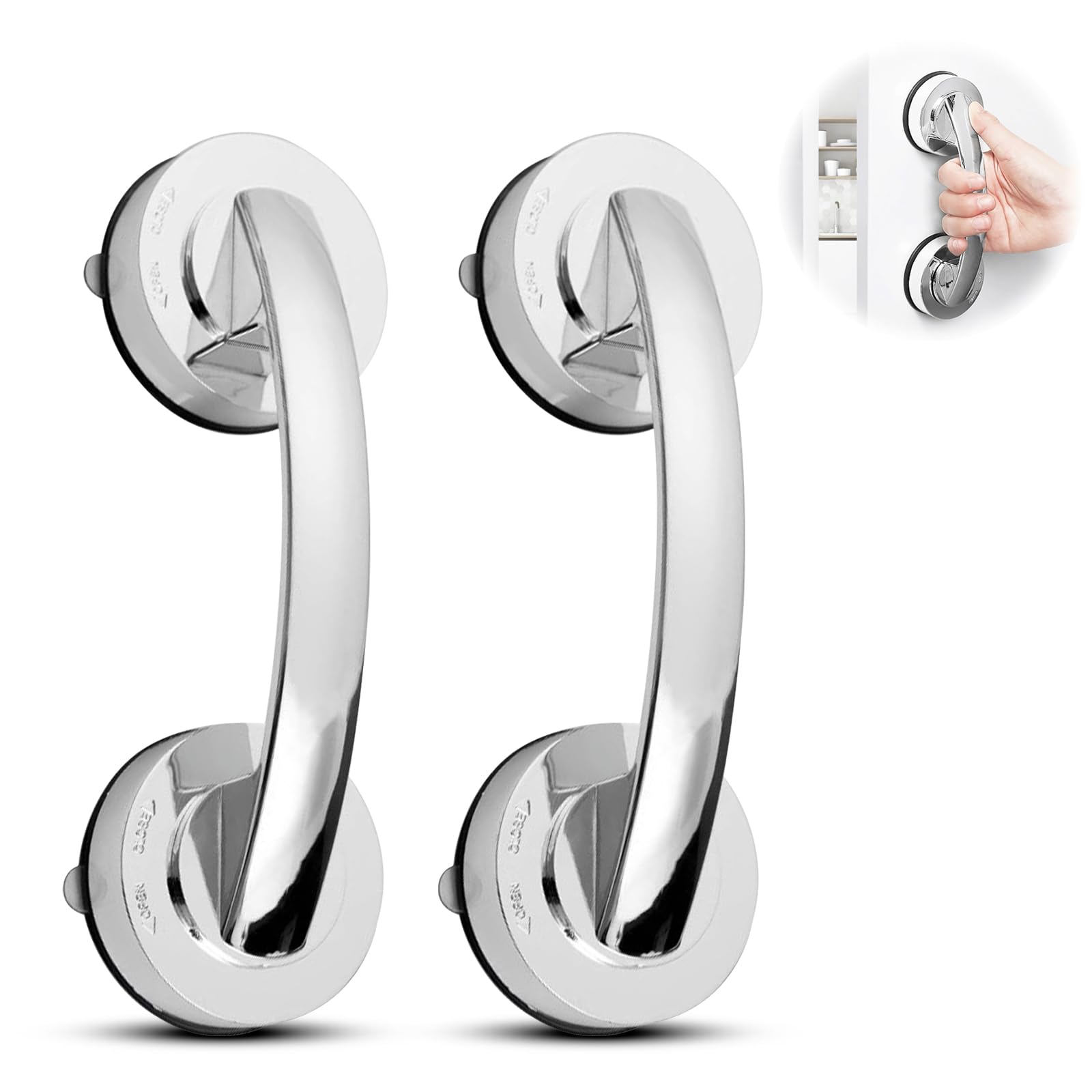 Asidero Ducha, Asidero Baño, 2 Piezas Asidero Baño Ventosa Desmontable Reutilizable, Sin perforación Plástico Agarraderas Baño para Armario Ventana Puerta de Vidrio Armario (Plata)