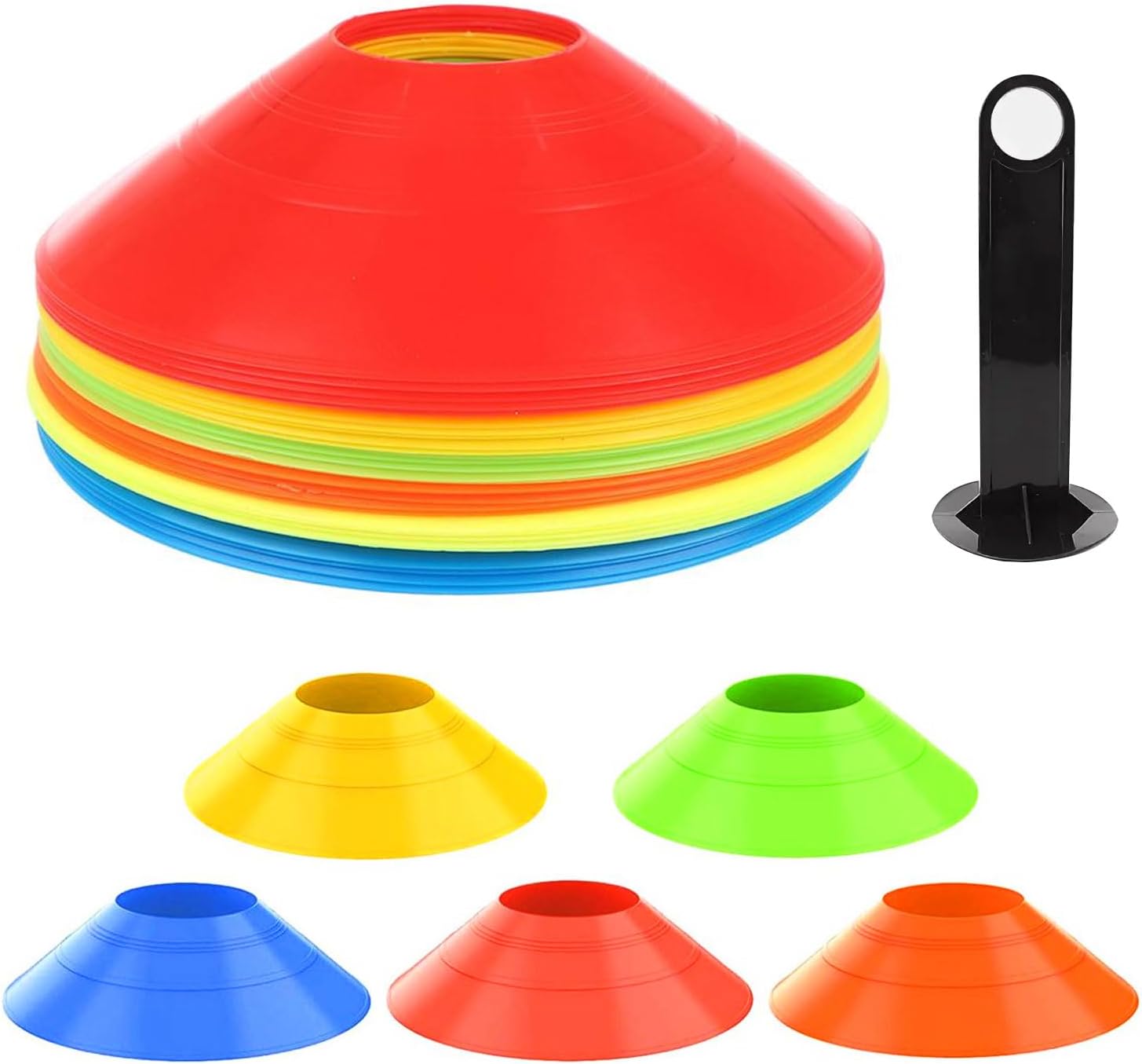 20 Piezas Conos Entrenamiento, Conos Señalizacion para Entrenamiento Futbol, Conos Futbol con Soporte de Almacenamiento, Accesorios Futbol para Entrenamiento de Fútbol y Marcado de Canchas (5 Colores)