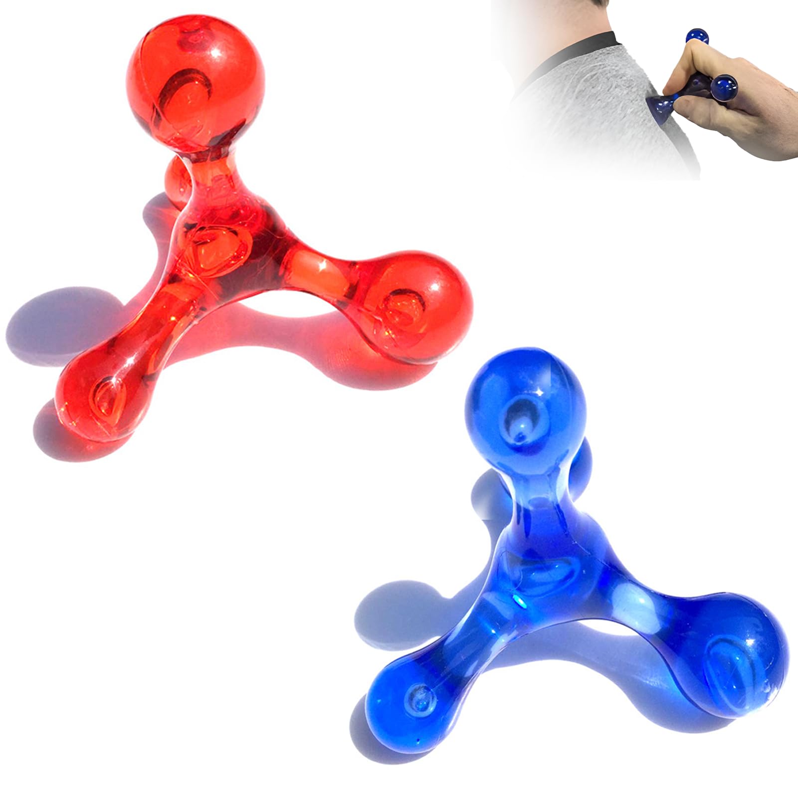 2 piezas Masajeador de punto gatillo de 4 puntos, Masajeador Corporal Manual De Plástico Masajeador De Mano De Cuatro Puntos para automasaje efectivo para espalda, cuello, hombros (Rojo + azul)