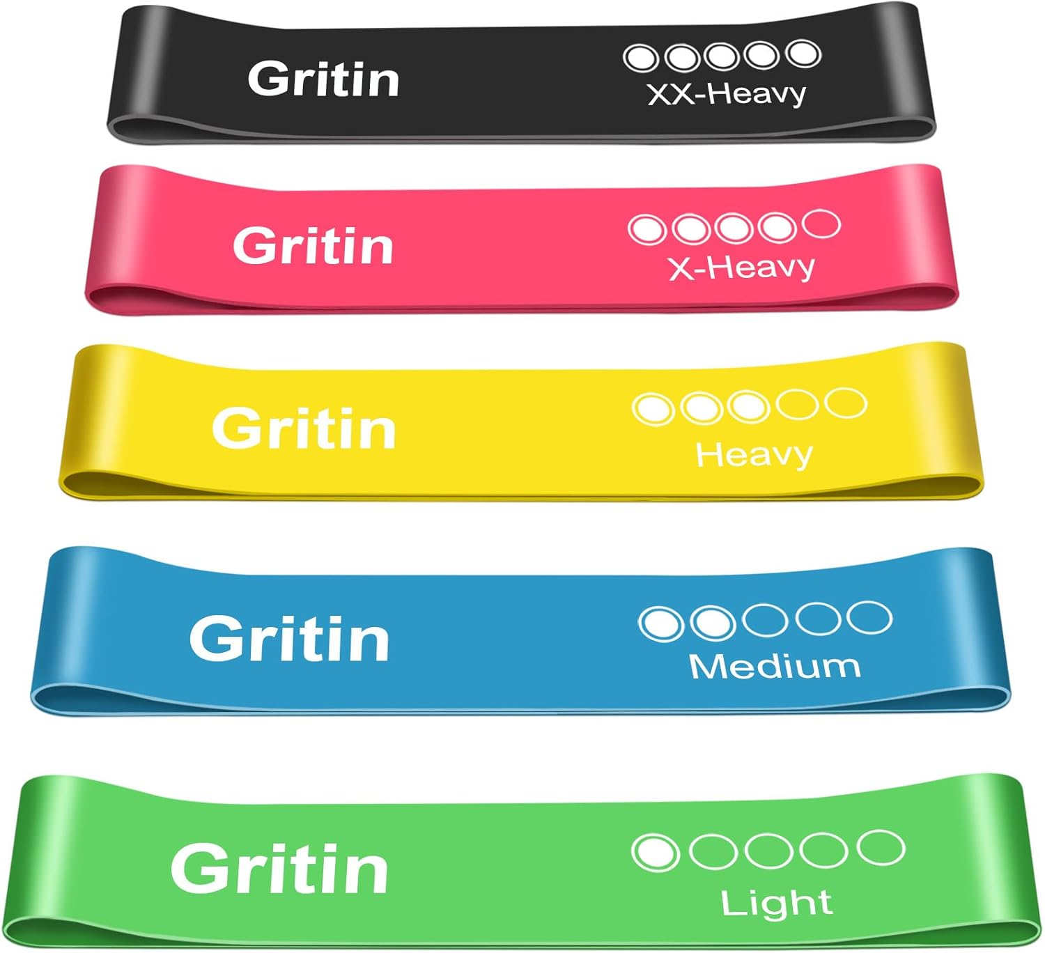 Gritin Bandas Elásticas Fitness, Bandas de Resistencia, Set de 5 Cintas Elásticas Fitness y Musculación de Látex Agradable a la Piel con Guía de Ejercicios de Español