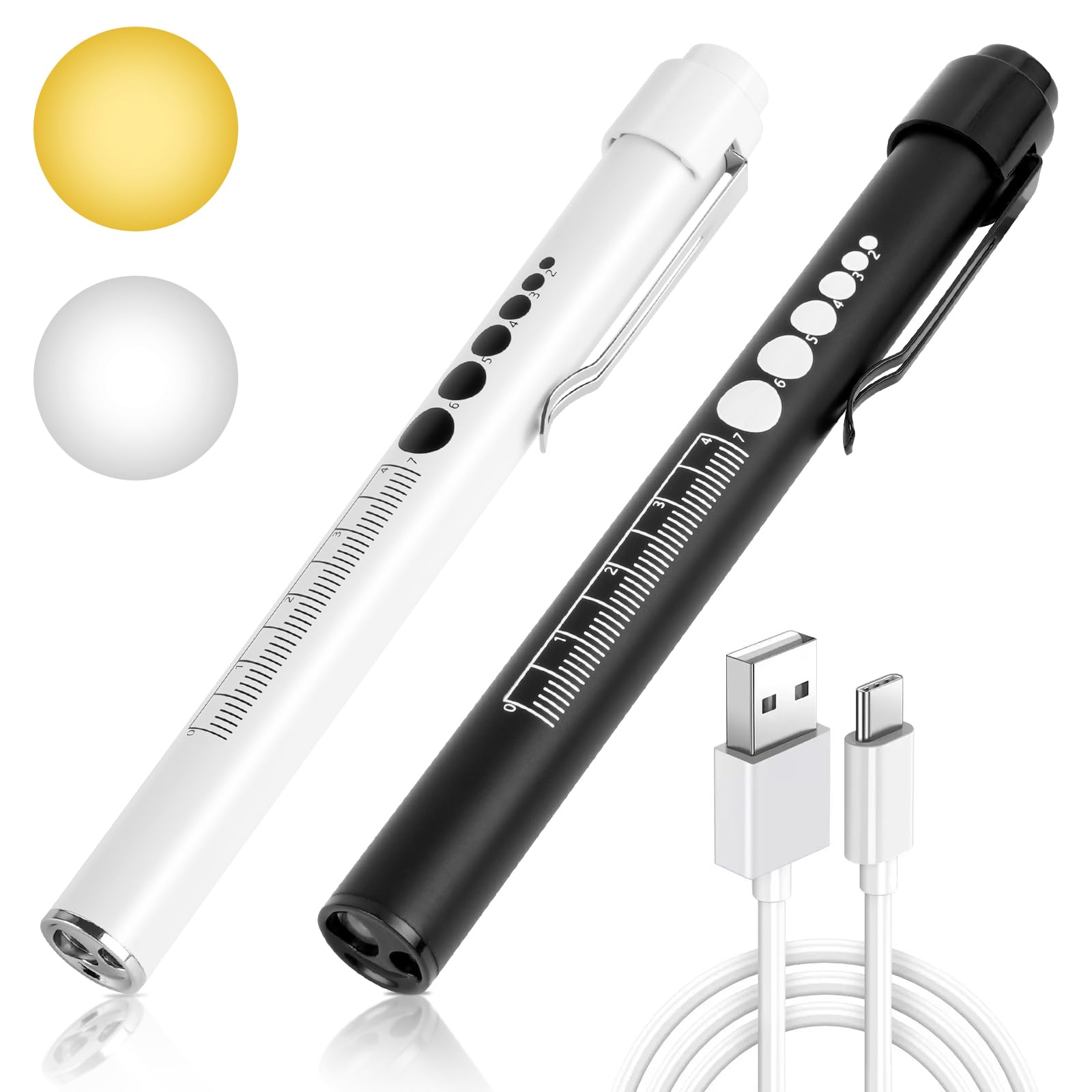 Flintronic Linterna de Bolígrafo de Diagnóstico Médico, 2PCS Luz Médica con Escala de Medición, 2 Modos Linterna de Diagnóstico con Clip, para Enfermeros, Médicos, Cuidado Personal, (Negro+Blanco)