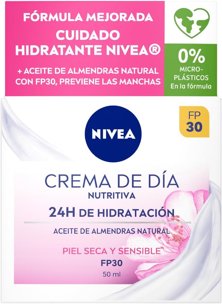 NIVEA Crema de Día Nutritiva - Crema Facial Hidratante - Hidratanta y Previene las Manchas - Protección Solar PF30 - Aceite de Almendra y Extracto de Magnolia Natural - Piel Seca y Sensible - 50 ml