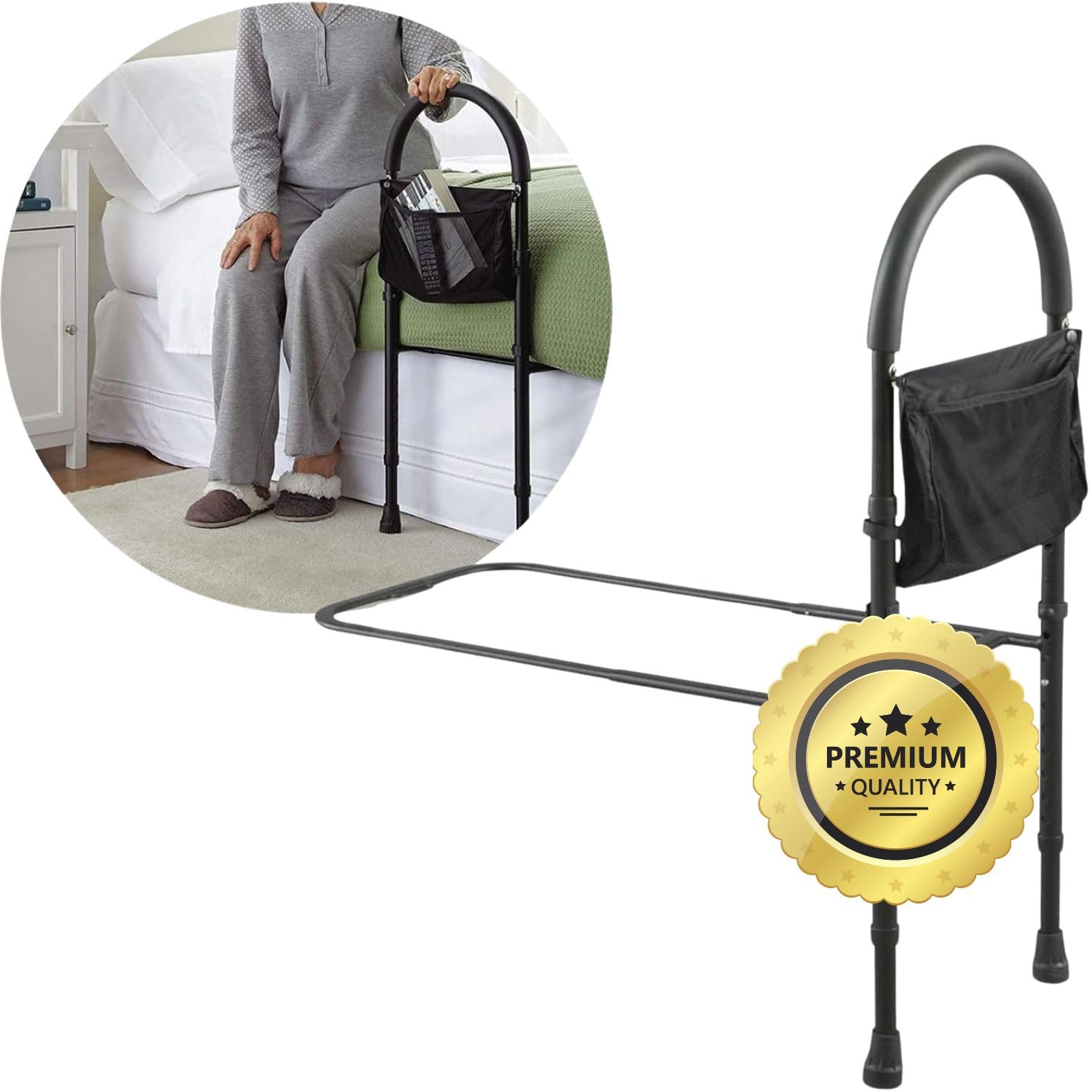 OrtoPrime Asidero para Cama Confort - Barandilla Cama Adulto de Seguridad - Barrera Cama Adultos + Revistero - Asidero Cama Acolchado - Ayuda para levantarse de la Cama ANTICAÍDAS, Negro