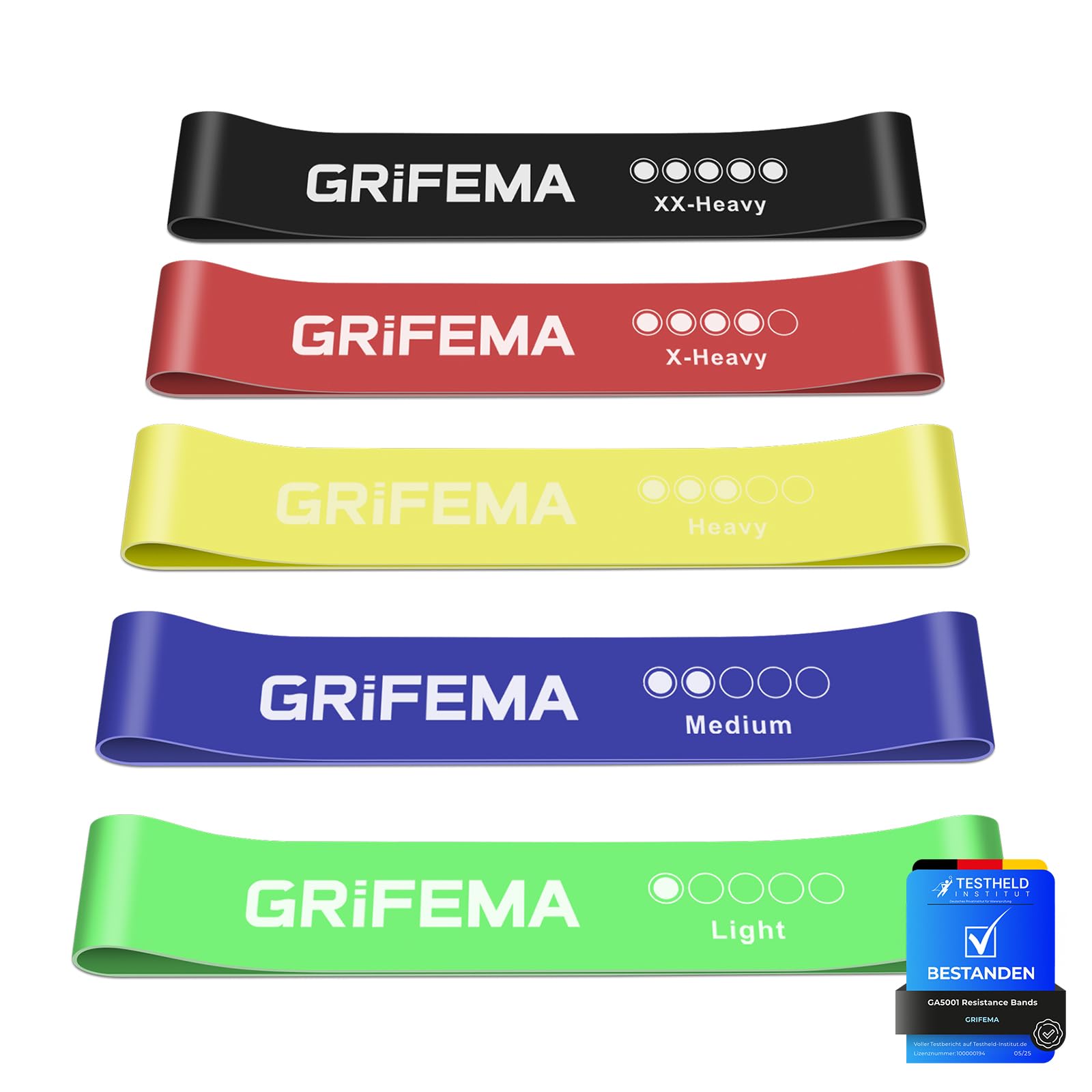 GRIFEMA GA5001 Gomas Elásticas Musculación, 5 Niveles de Resistencia, para Yoga, Entrenamientos de Fuerza y Pilates, con Guía de Entrenamiento y Bolsa de Almacenamiento