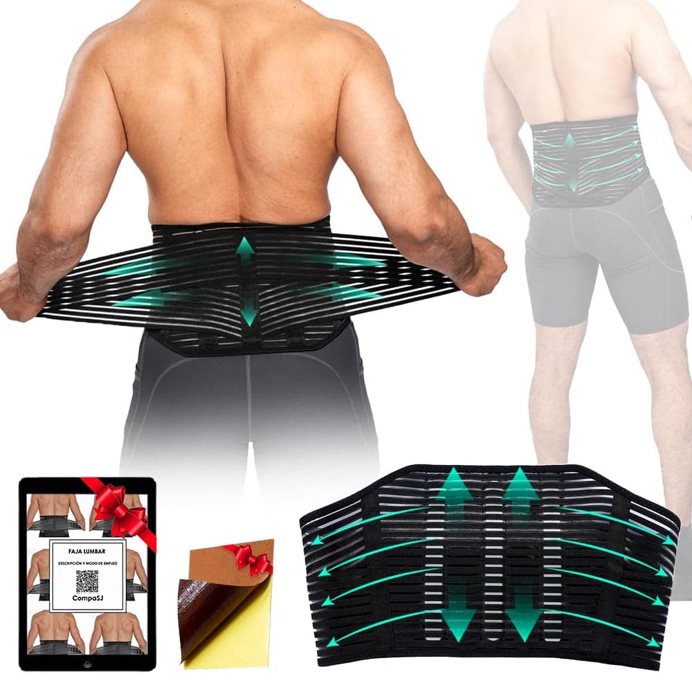 SUPER PRO Faja Lumbar para Hombre y Mujer - Soporte Lumbar Alivio Dolor de Cintura y Espalda Correas Doble Ajuste. Cinturón Lumbar Transpirable Trabajo. Faja Lumbar Deportiva. Gratis parches de calor