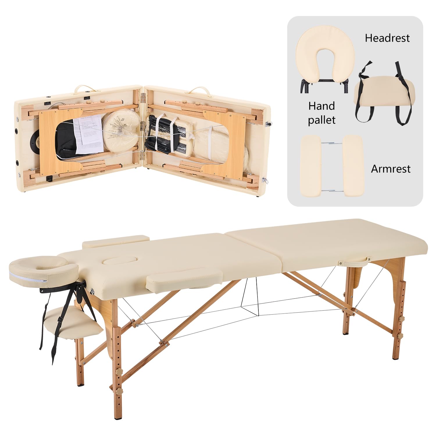 YOUNIKE Camilla de Masaje Plegable Portátil Profesionales Estetica 2 Zonas Fisioterapia Camilla Tatuaje Massage Table Camilla para Pestañas Ajustable Altura y Reposabrazos Extraíbles Beige