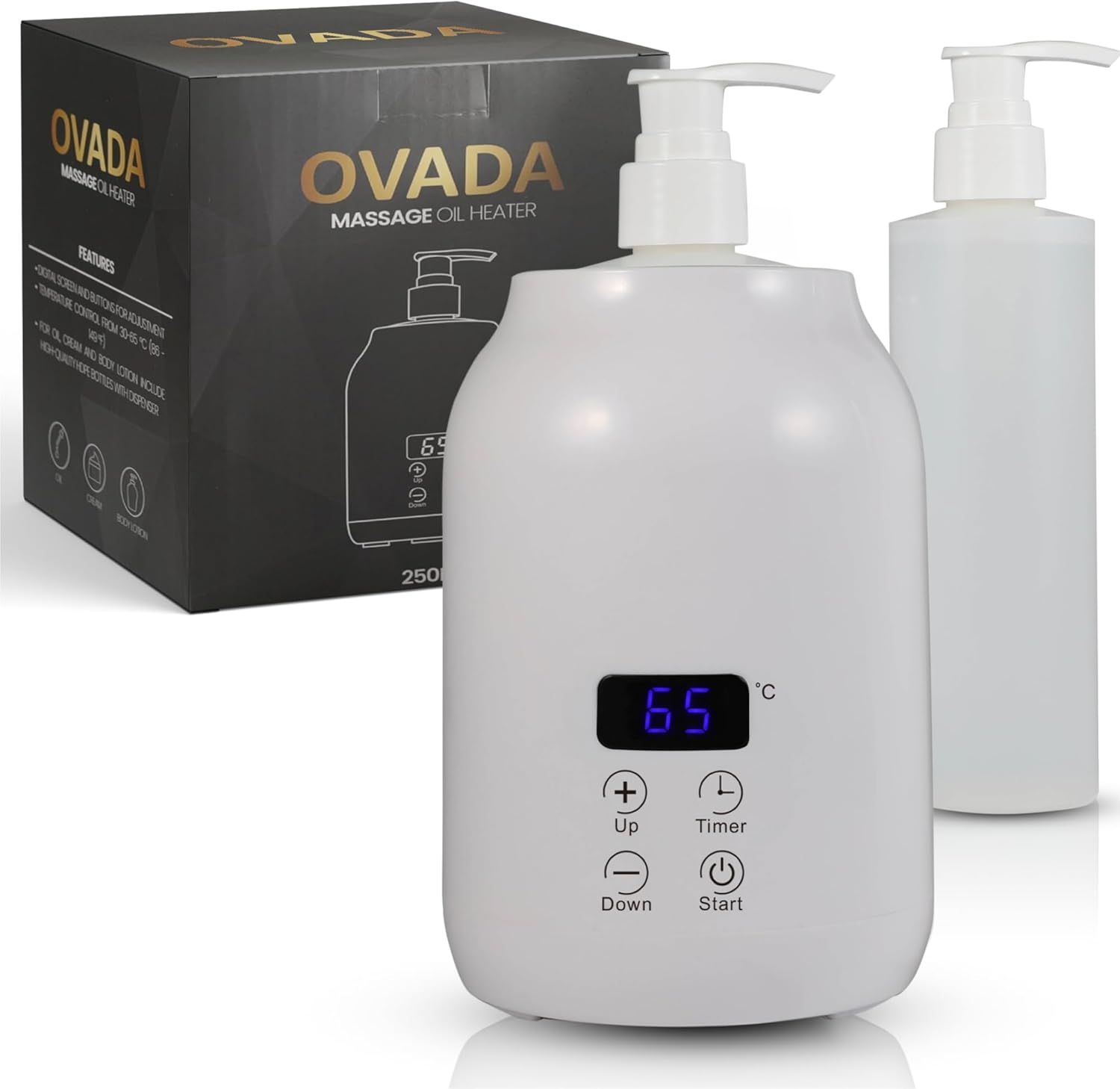 Calentador de aceite de masaje | Botella de plástico externa (2x) | Para aceite de masaje y aceites esenciales | Temperatura ajustable (30-65 grados) | Masaje bienesta | Calentador elegante (blanco)