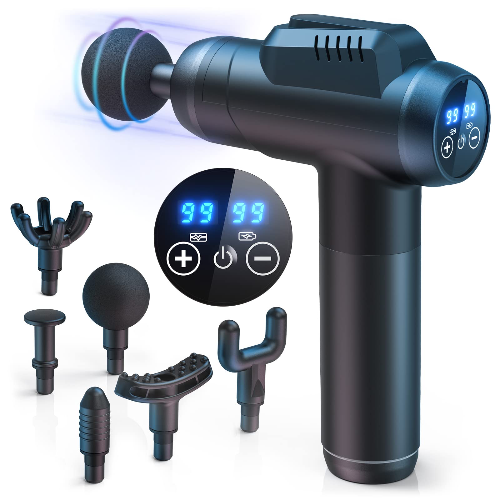 Pistola de Masaje Muscular, Masajeador Cervical y Espalda, 99 Niveles Ajustables, 6 Cabezales de Masaje, Pantalla LCD y Carga Tipo-C, Profesional Massage Gun para Aliviar el Dolor Muscular