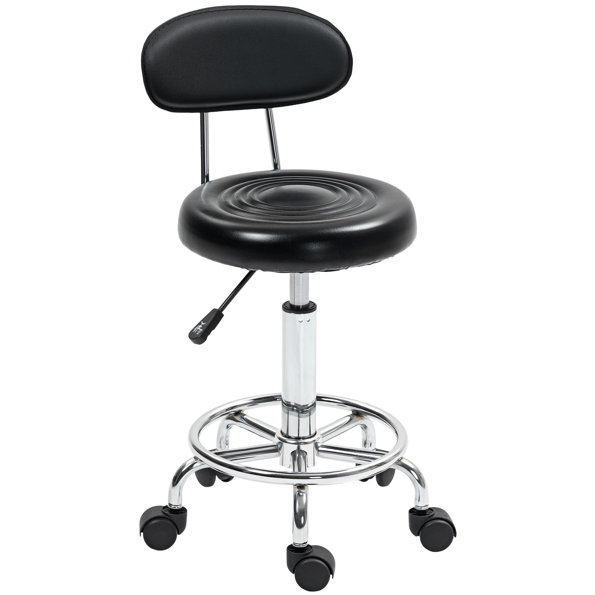 HOMCOM Taburete Giratorio con Ruedas y Respaldo, Taburete de Trabajo con Altura Regulable 70-86 cm, Asiento Tapizado de Cuero Sintético Negro