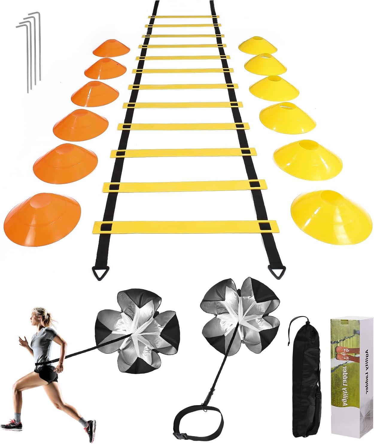 Speed ​​Agility Training Kit para Agilidad,Escalera de Agilidad 6M,12 Conos Deportivos y paracaídas de Resistencia de Entrenamiento,Equipo de Entrenamiento de fútbol para niños y Adultos