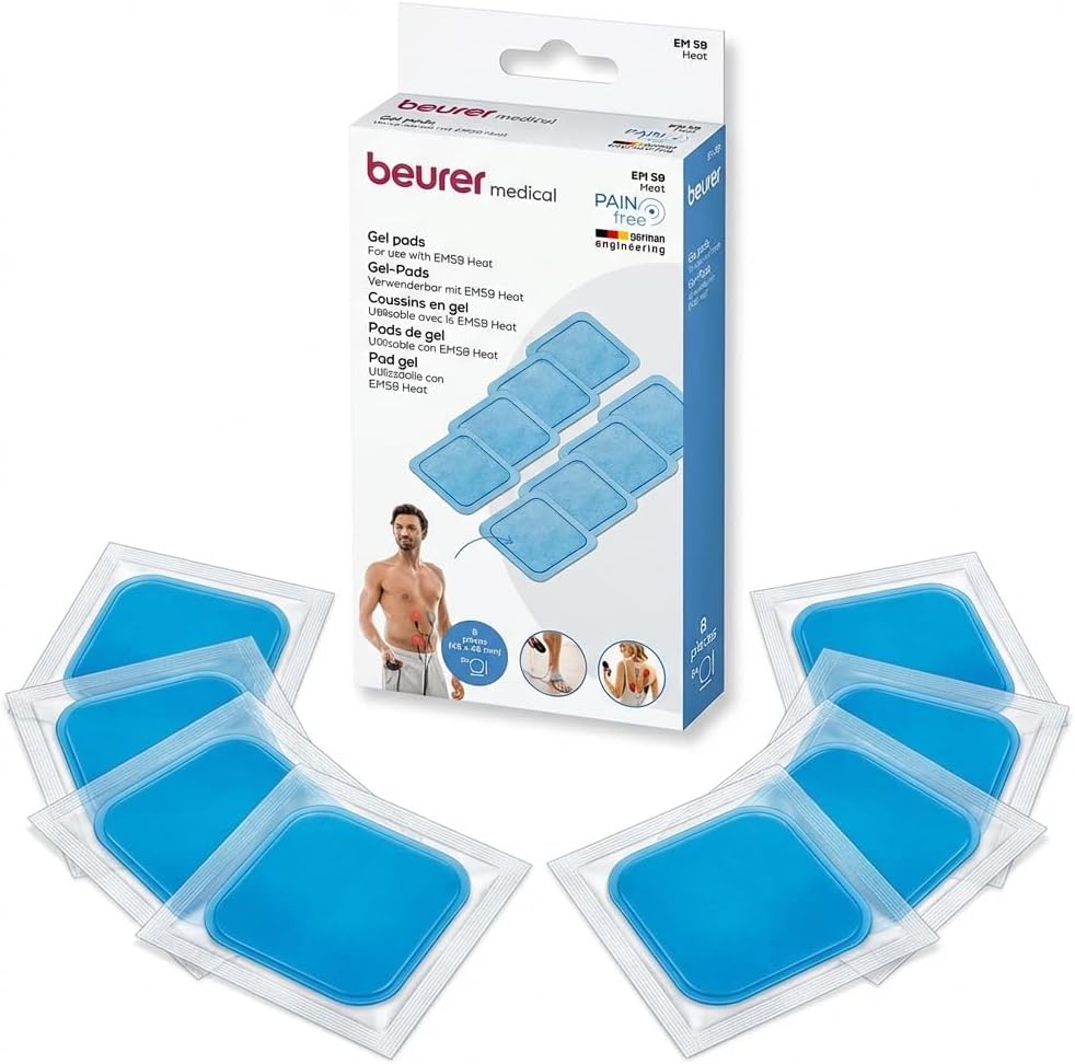 Beurer EM 59 Heat Gel-Pads, juego de recompra con 8 almohadillas de gel autoadhesivas para utilizar con el TENS/EMS digital EM 59 Heat, tamaño: 45x 45 mm