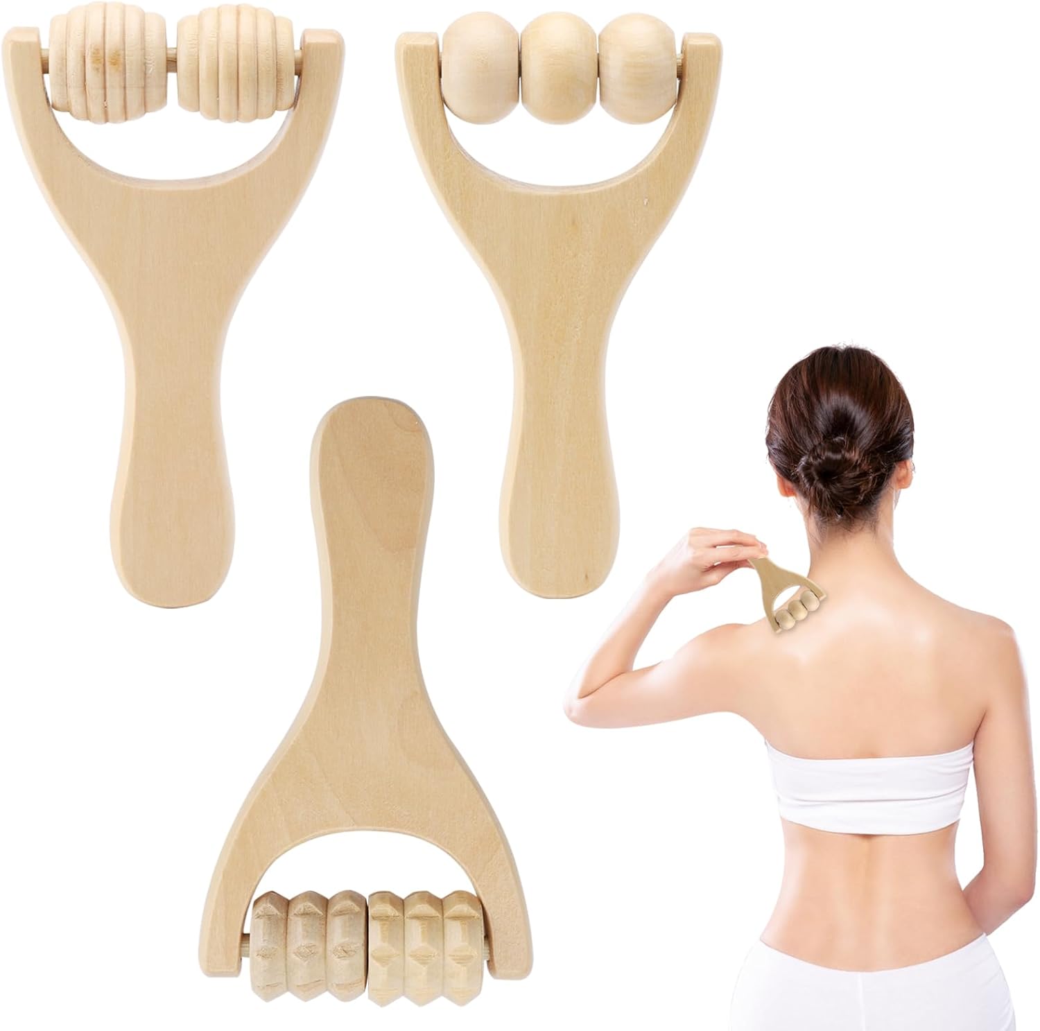 HENGBIRD Rodillo de Masaje de Madera para Espalda y Piernas - Herramienta de Terapia Manual con Mango - 3 Rodillos para Relajación y Fascia