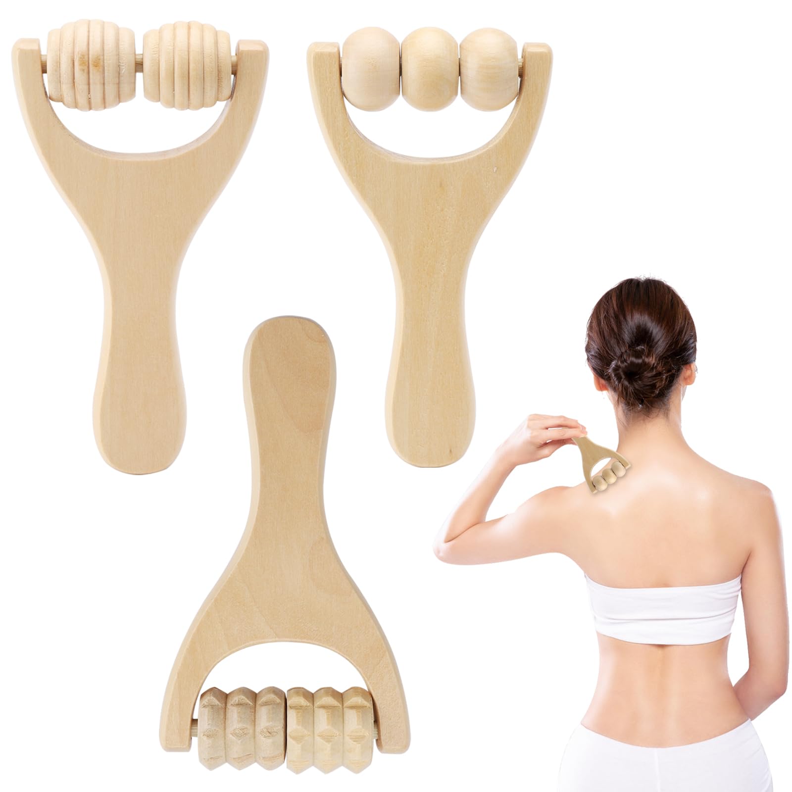 HENGBIRD Rodillo de Masaje de Madera para Espalda y Piernas - Herramienta de Terapia Manual con Mango - 3 Rodillos para Relajación y Fascia