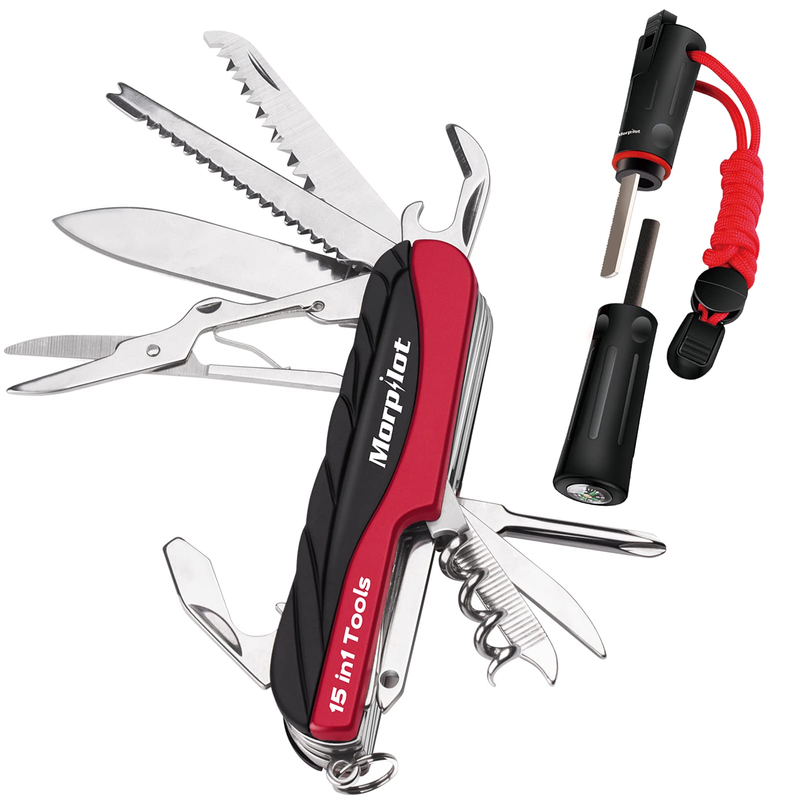 morpilot Navaja Multifuncional 15 en 1 Navaja Pequeña y Pedernal con Encendedor de Fuego, Último Cuchillo Multiuso Acero Inoxidable, Navaja Caza Pesca, Impermeable Herramienta Múltiusos, Rojo