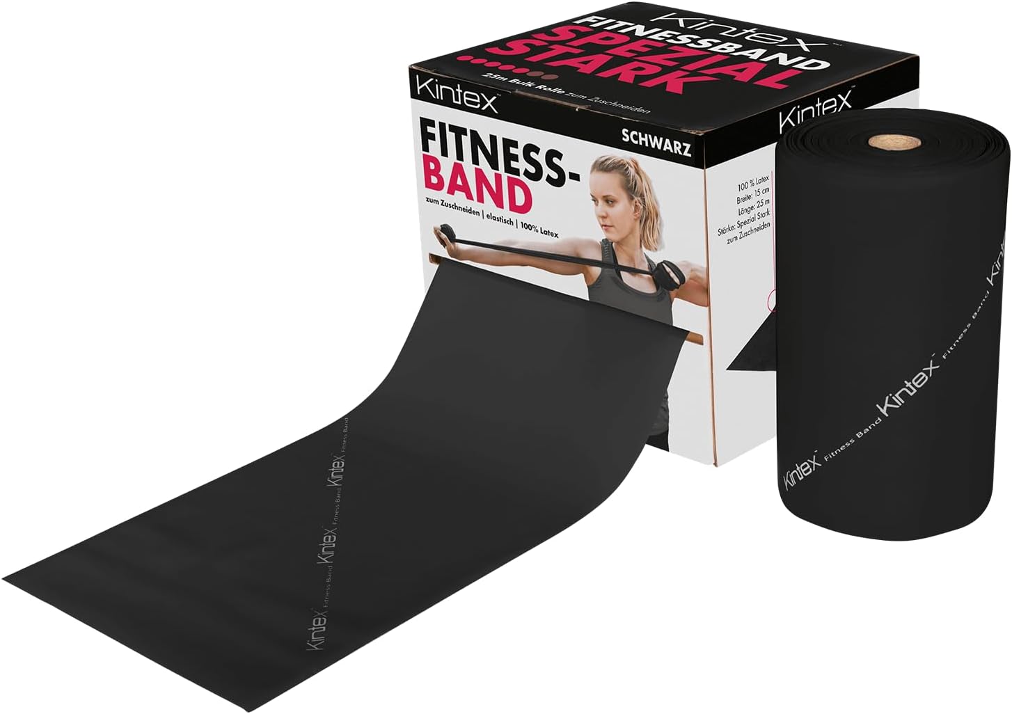 Kintex Banda de Fitness, Rollo de 25 m x 15 cm, Cinta de Gimnasia en 5 resistencias, 100% látex, Cinta de Entrenamiento para Cortar a Medida, Cinta de Resistencia