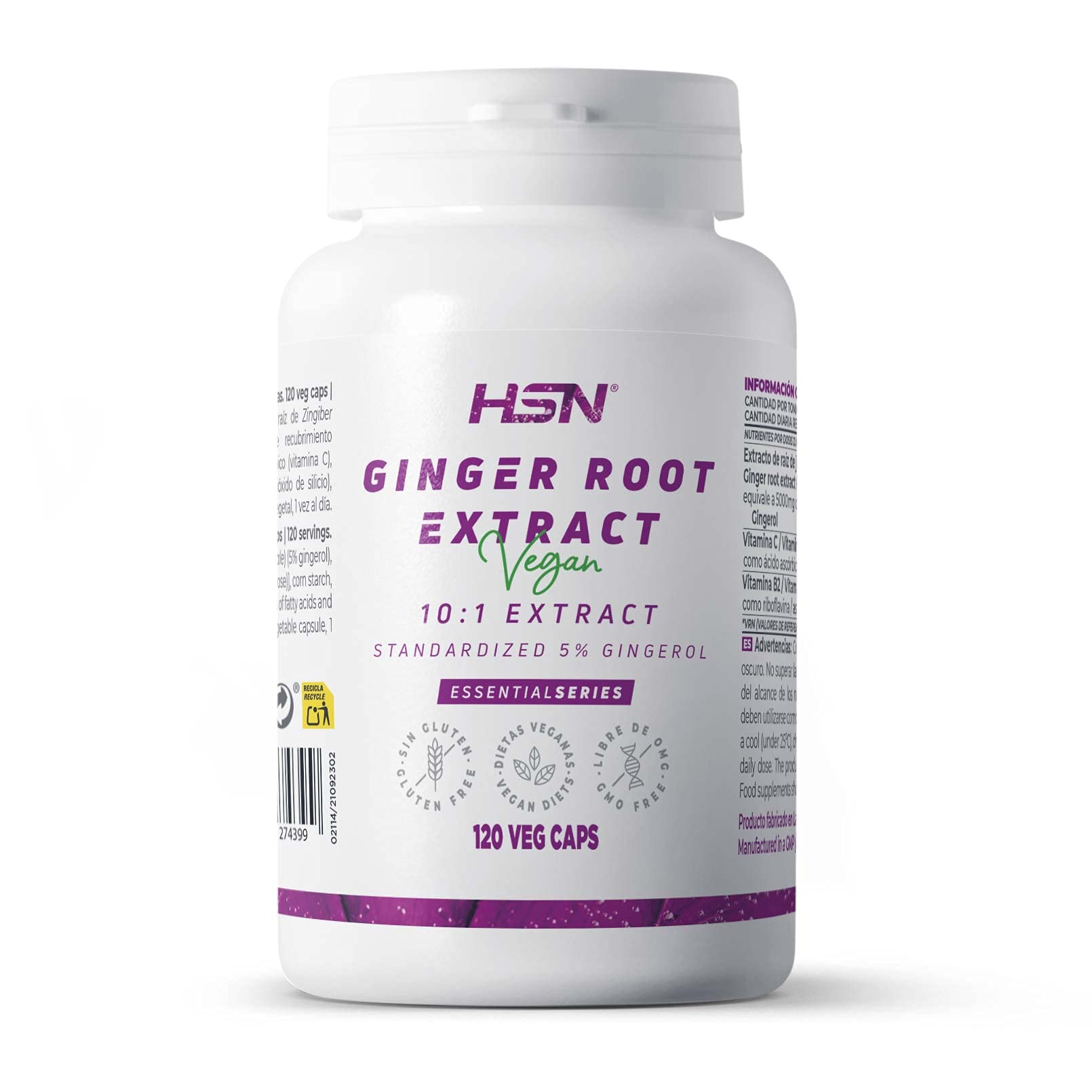 HSN Jengibre 5000mg (5% Gingeroles) por dosis diaria | 120 Cápsulas Vegetales | Extracto de raíz Zingiber officinale 10x Más Concentrado | No-GMO, Vegano, Sin Gluten