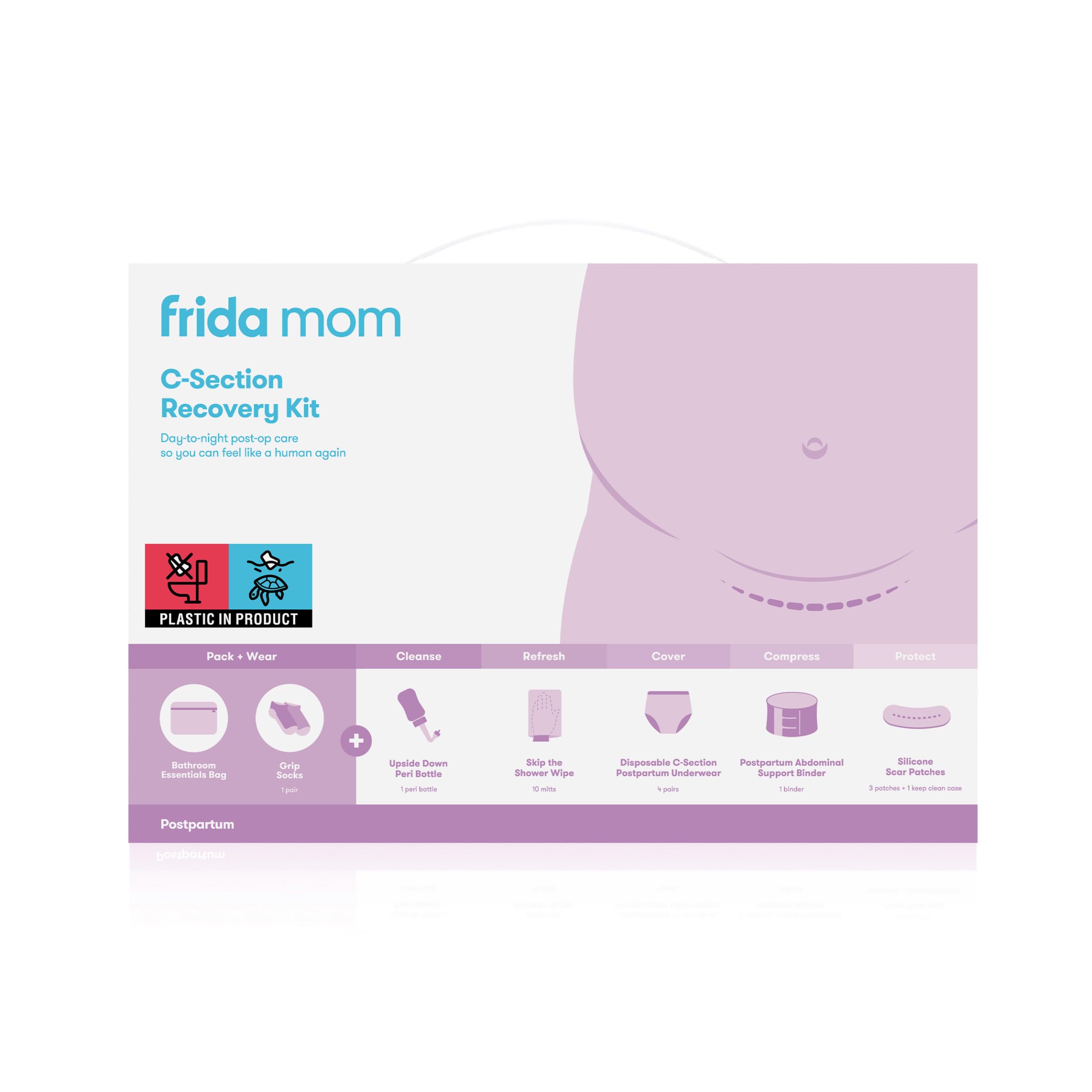 Frida Mom Kit imprescindible de recuperación de cesárea para el parto, parto y posparto: calcetines, botella Peri, bragas desechables, carpeta de soporte abdominal, toallitas de ducha, parches de