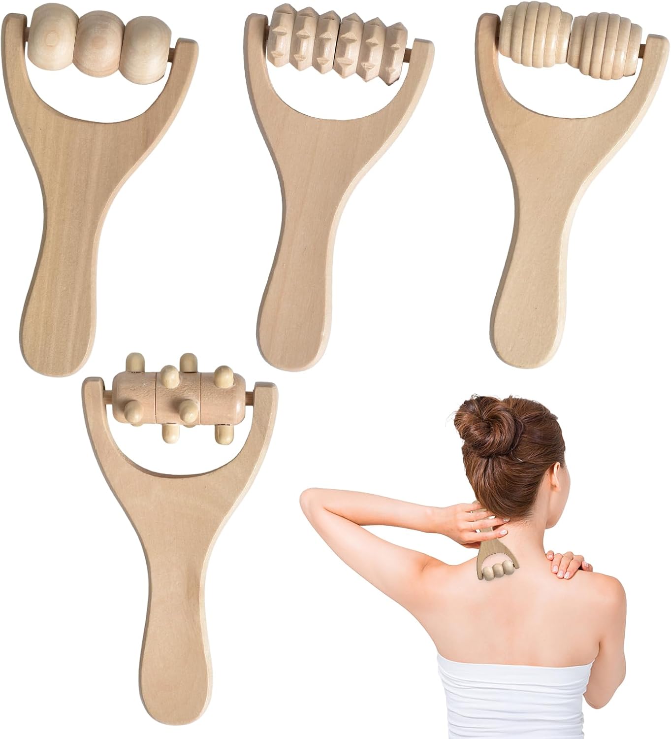 4 Rodillos De Madera Para Masaje De Manos,Herramientas De Masaje Manual Para Terapia De Madera,Masajeador Con Mango,Rodillo Masajeador Para Relajar Muslos,Piernas, Manos,Músculos De Cuerpo