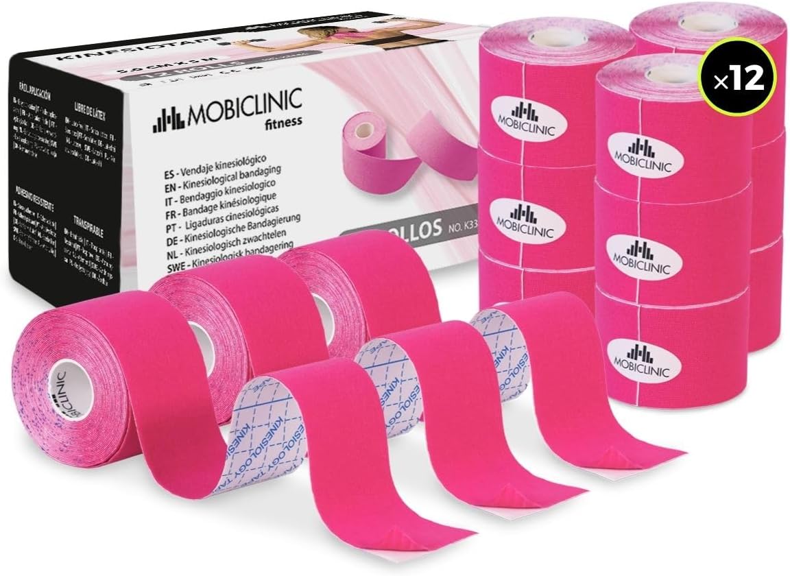 Kinesiotape, Vendaje neuromuscular, 5cm x 5m, 12 unidades, Rosa, Mobitape, Mobiclinic