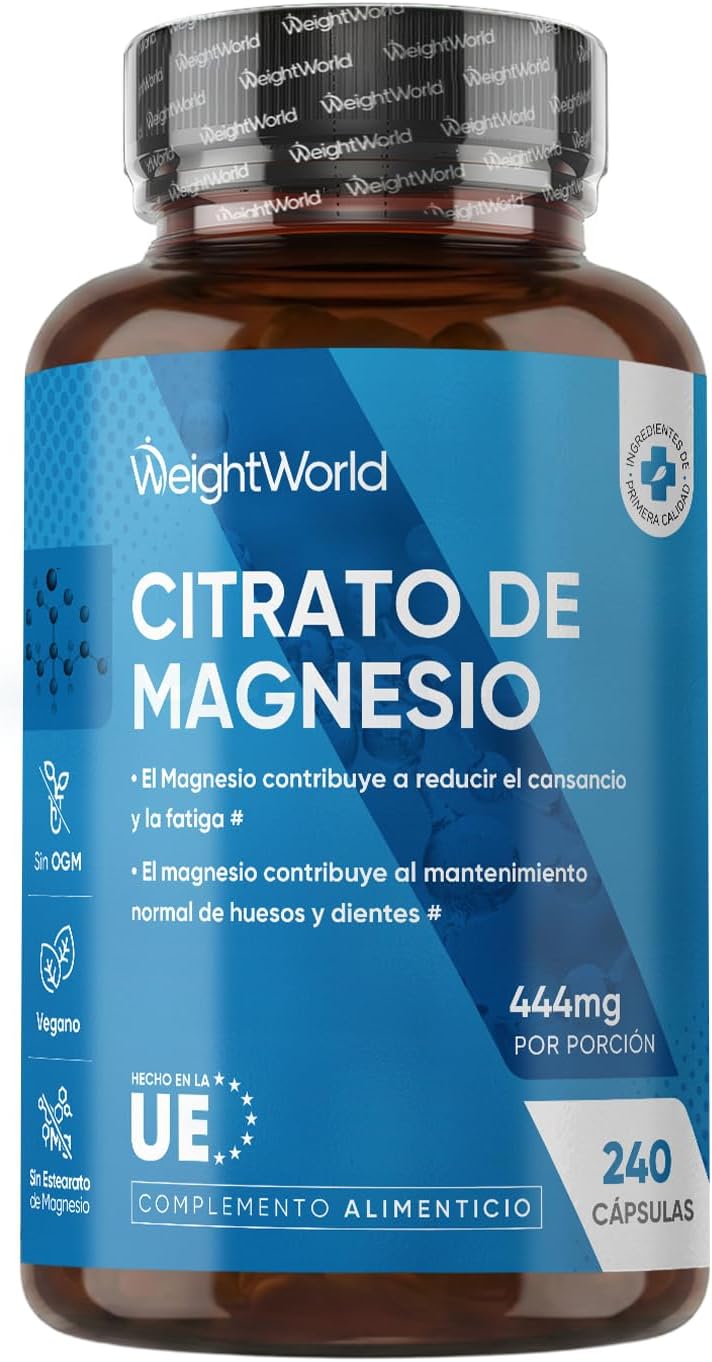 Citrato de Magnesio 240 Cápsulas Veganas - 444mg de Magnesio Puro provenientes de 1480mg del Citrato, Para 4 Meses, Contribuye a la Reducción del Cansancio y la Fatiga (EFSA), Sin Gluten ni OGM