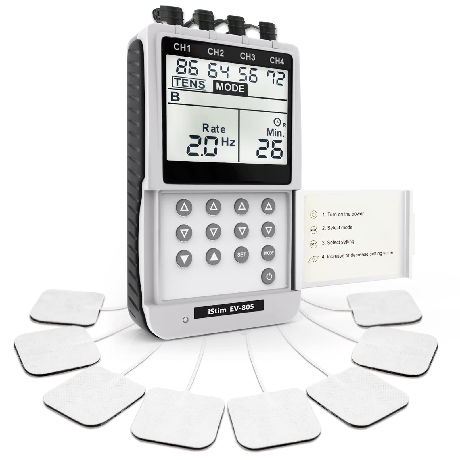 iStim EV-805 TENS y EMS de 4 canales – electroestimulador muscular digital con 16 electrodos reutilizables, portátil para terapia física, alivio del dolor y rehabilitación muscular
