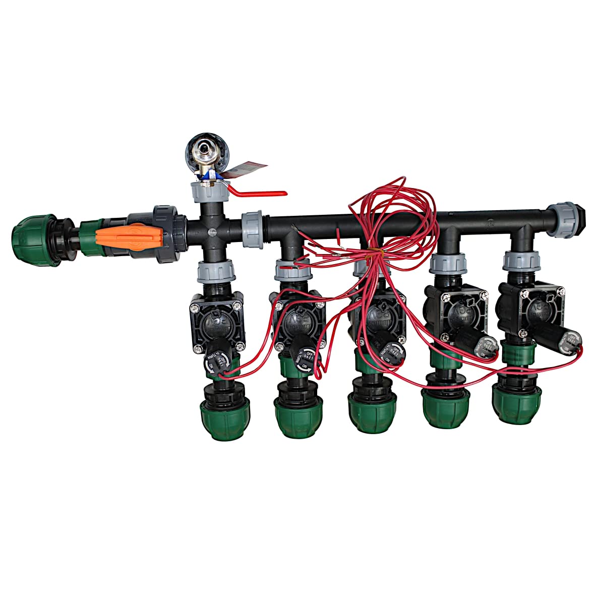 Estación de cabeza, distribuidor para riego, riego con válvulas solenoides Hunter PGV 100 mmB, completamente premontado (5 salidas PE32)