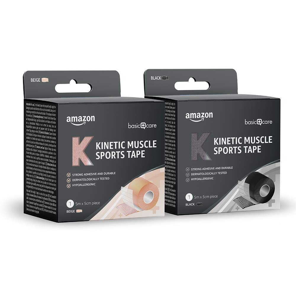 Amazon Basic Care - Cinta kinesiológica deportiva para musculatura, 5 x 5 cm, paquete de 2, Negro, Beis