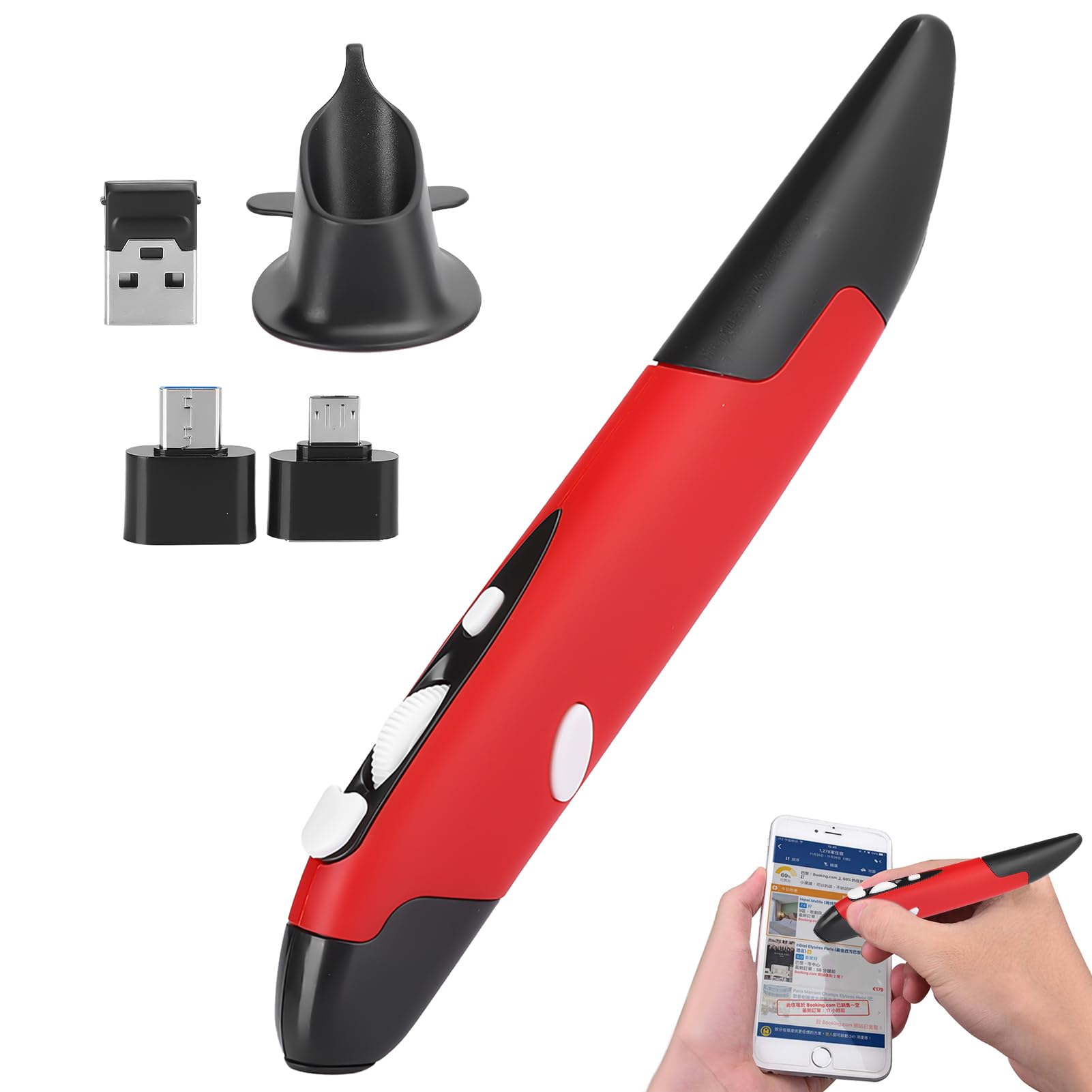 Lápiz Óptico Inalámbrico USB, Lápiz Óptico para Computadora Piezas de PC Ratón Inalámbrico 2.4G Tipo de Lápiz Vertical Innovador Personalizado para Escritura a Mano, para PC, Portátil, Dibujo(Rojo)