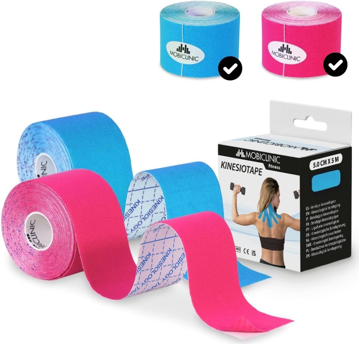 Mobiclinic, Pack de 2 kinesiotape, Mobitape, Venda neuromuscular adhesiva, Alivio dolor muscular, Elásticas, Impermeable, Vendaje kinesiológico, Apto para múltiples zonas, Rollo, 5x5cm, Rosa y azul