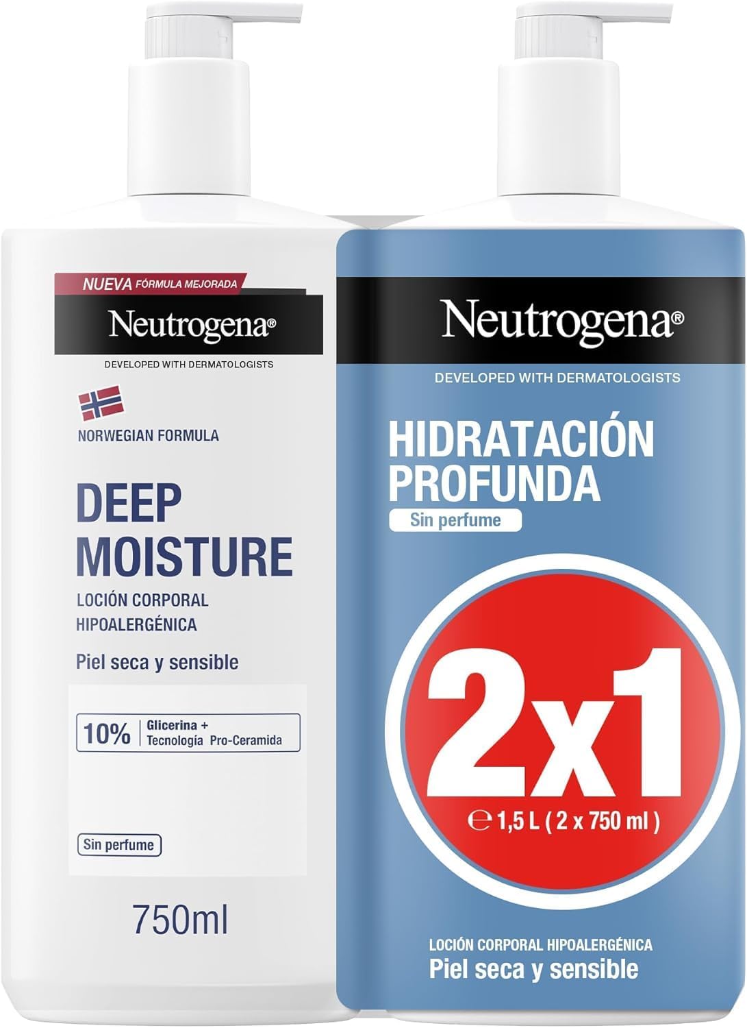 Neutrogena Fórmula Noruega Hidratación Profunda Loción Corporal Hipoalergénica (2 X 750 ml), crema hidratante corporal para piel seca y sensible, crema hidratante con Pro Ceramida y Glicerina