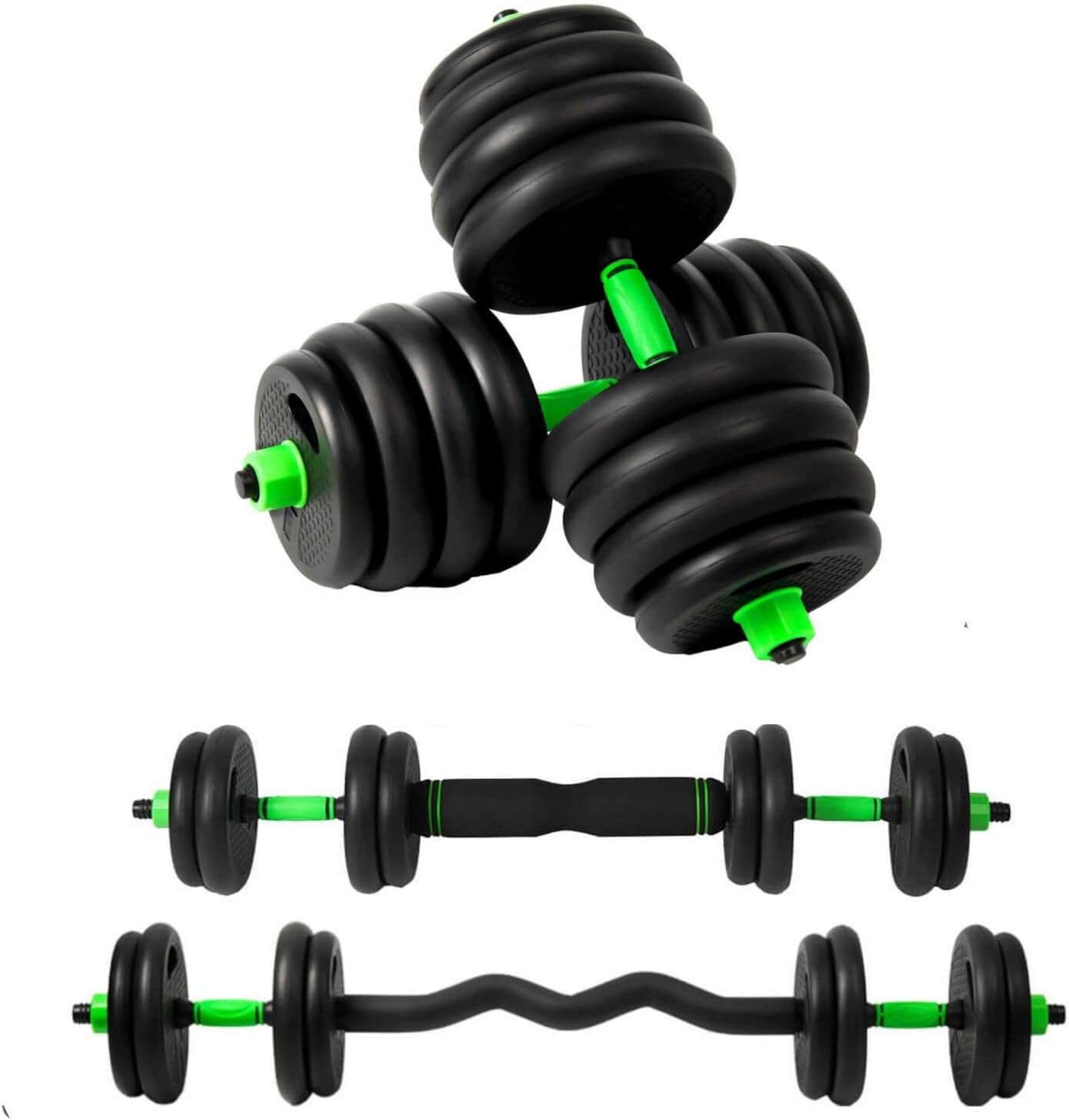 Pesas y Mancuernas Ajustables 10/15/20/30/40 KG Juego de Pesas 3en1 con Barra Recta y Curva, Mangos Antideslizantes, Kit Mancuernas para Gimnasio en Casa