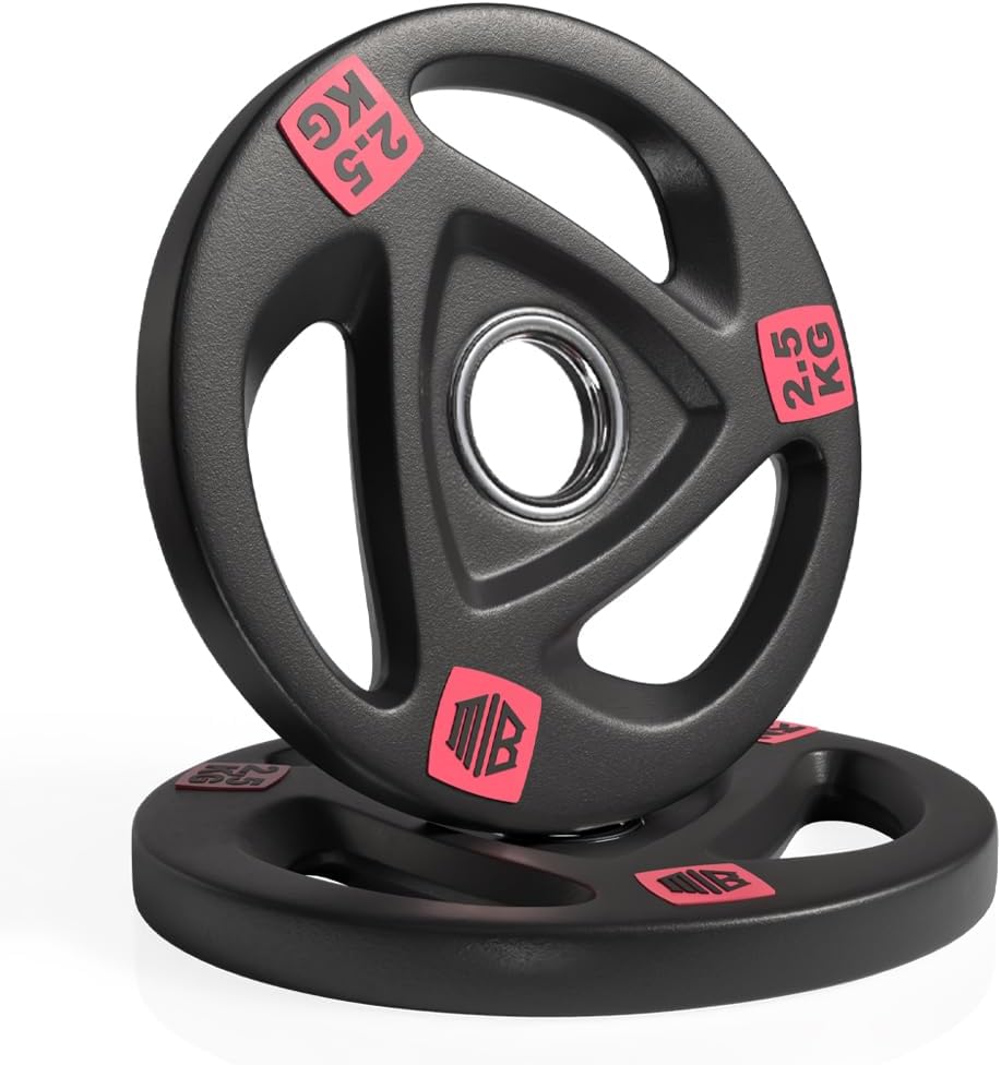 ManiBoom Discos Pesas Hierro ENGOMADO 30mm y 50mm Olimpica con Anillo Interior de Acero y Triple Agarre ERGONOMICO - Disco para Barra o Mancuernas 2,5kg, 5kg, 10kg, 15kg, 20kg