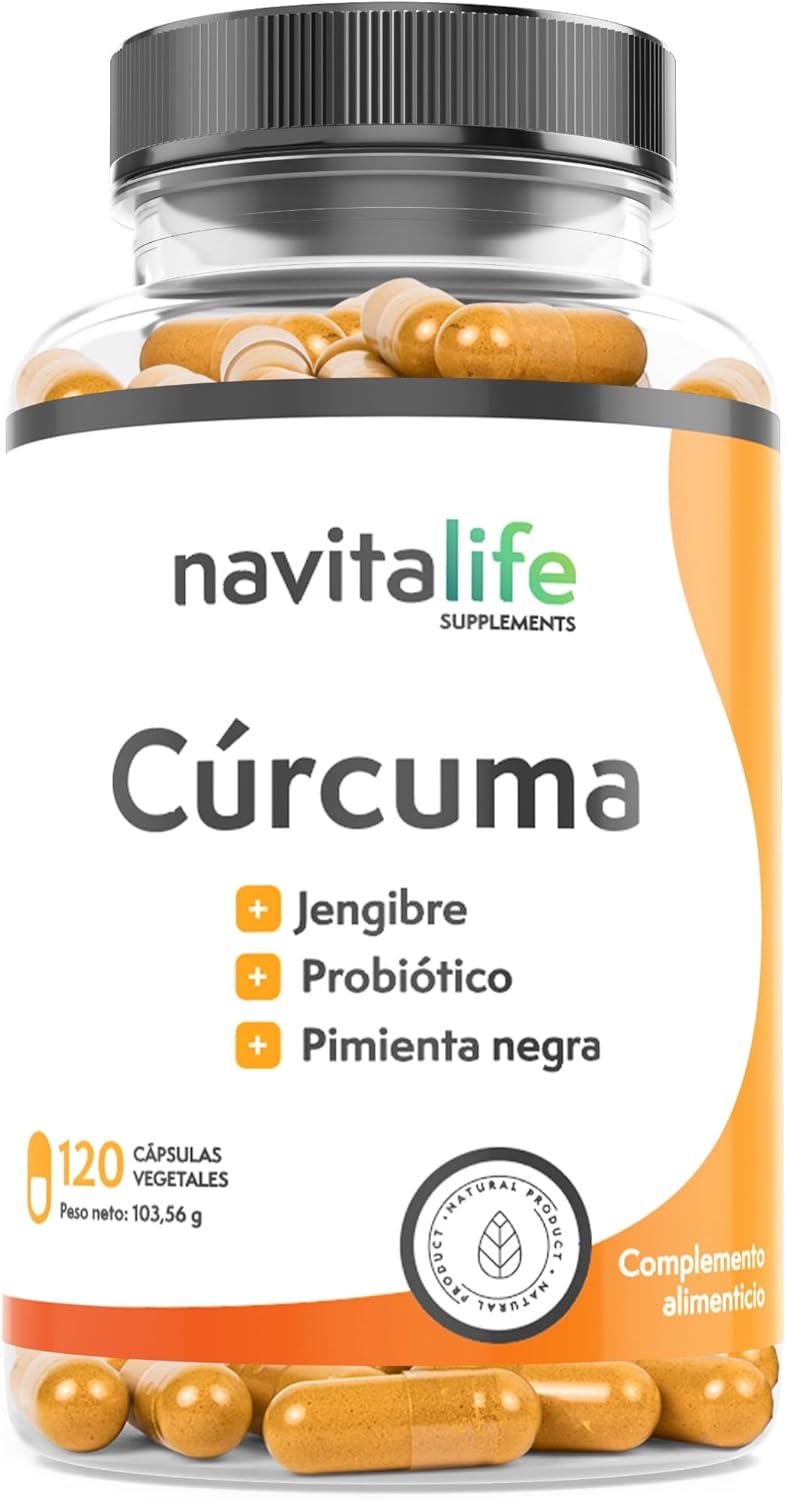 Cúrcuma 1360 mg + Probióticos + Jengibre + Pimienta negra. Alto porcentaje Curcumina. Alta biodisponibilidad. Acción natural dolor muscular e inflamación. Cúrcuma capsulas Navitalife Supplements.