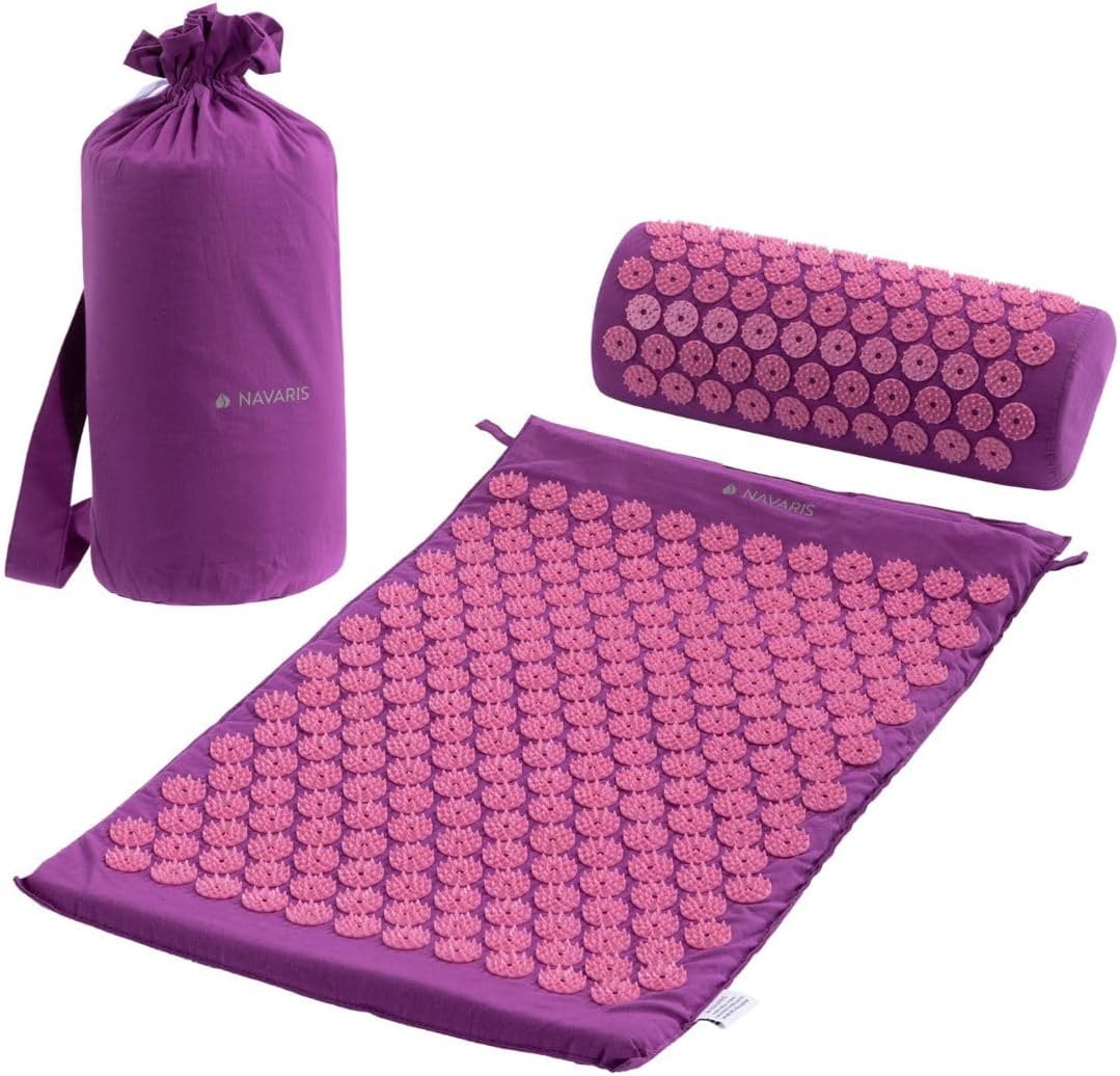 Navaris Set de masaje de acupresión - Esterilla relajante de acupuntura lavable de 68 x 42 x 2 CM con almohada y funda de transporte - Morado y rosa